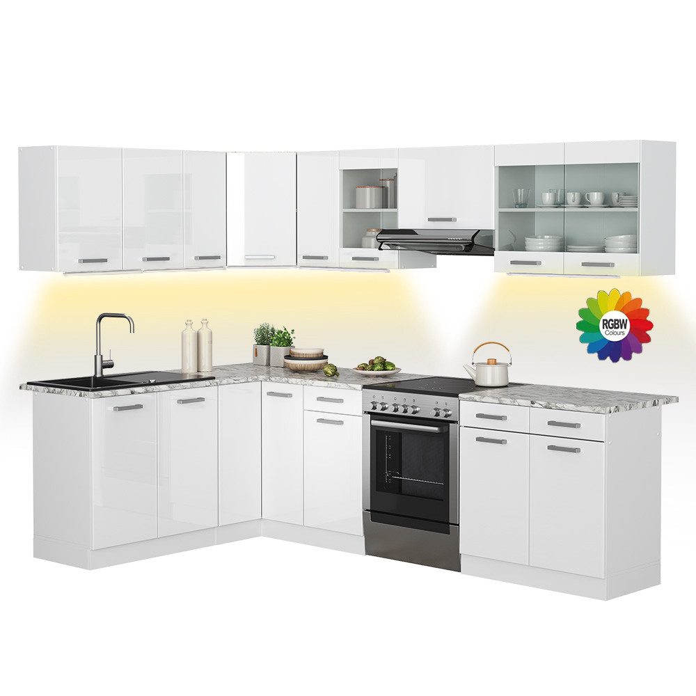 Vicco Winkelküche Rick, Weiß Hochglanz/Weiß, 267 x 167 cm, AP Marmor mit LED-Leisten