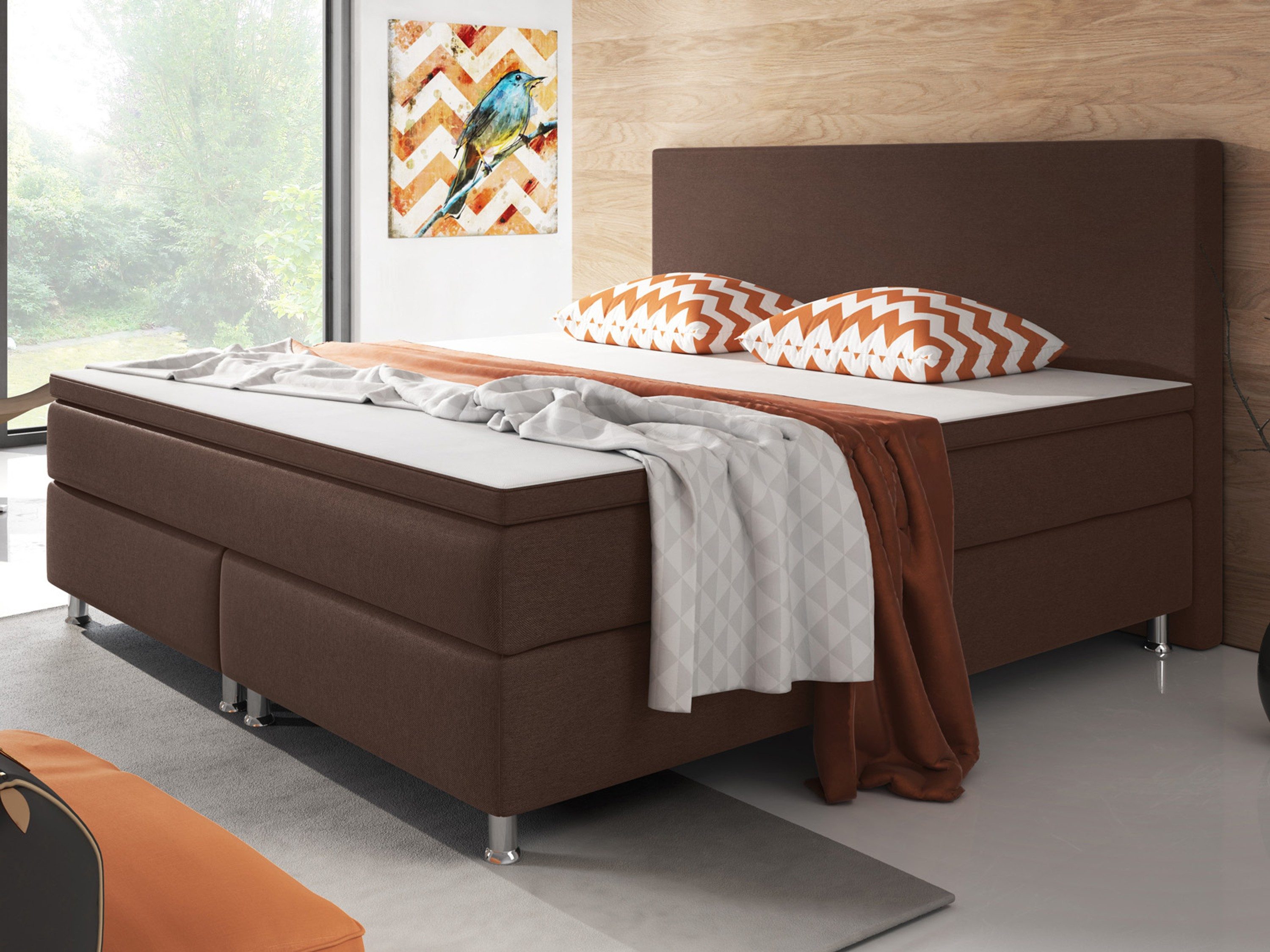 inter Boxspringbett Berlin Webstoff mit 7 Zonen Taschenfederkern und Topper (180x200 cm, Braun mit 7 Zonen Taschenfederkernmatratzen und Topper), Taschenfederkern-Komfort, gepolstertes Kopfteil, inklusive Matratzen