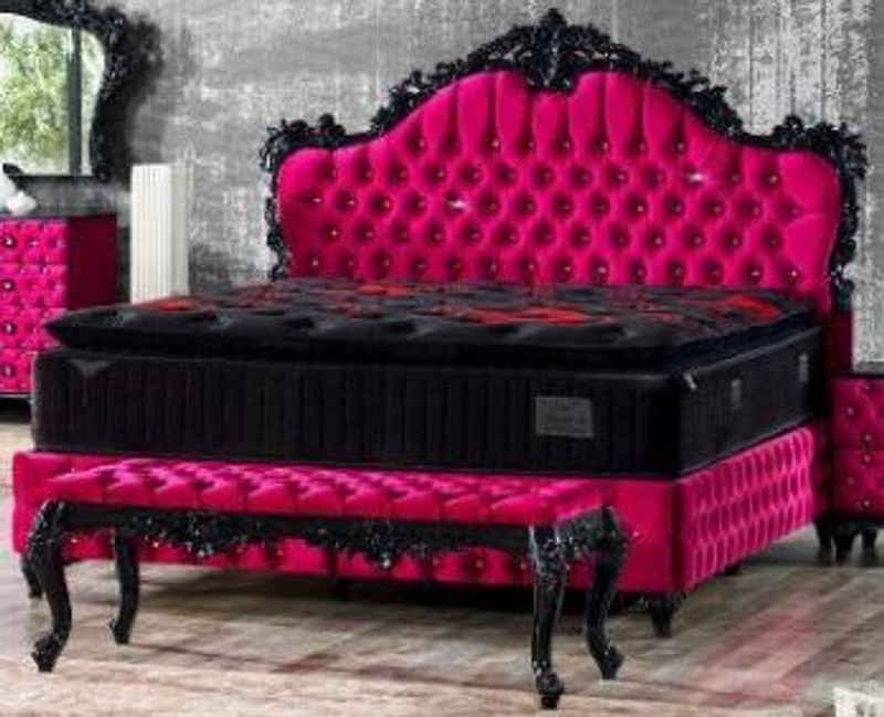 Casa Padrino Bett Doppelbett Pink / Schwarz - Prunkvolles Samt Bett mit Glitzersteinen und Matratze - Schlafzimmer Möbel im Barockstil