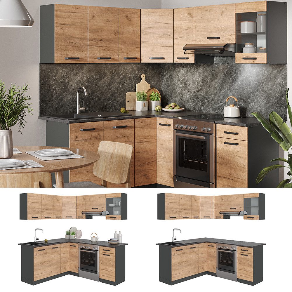 Vicco Winkelküche Rick, Goldkraft Eiche/Anthrazit/Anthrazit, 190 x 46 cm, AP Anthrazit