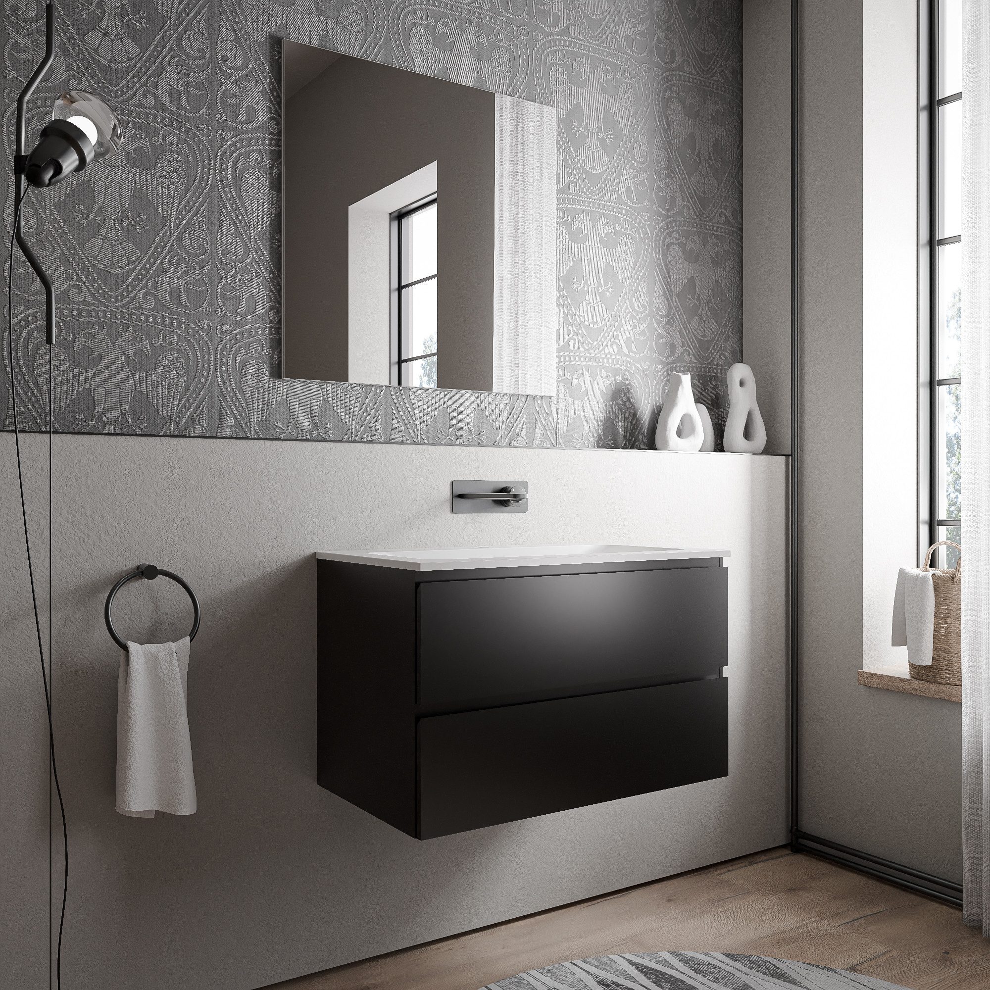 Bernstein Waschbeckenunterschrank AVA Schwarz matt 80cm Waschbecken Weiß matt ohne Hahnloch Waschtischunterschrank mit Mineralguss-Waschbecken 2 Schubladen