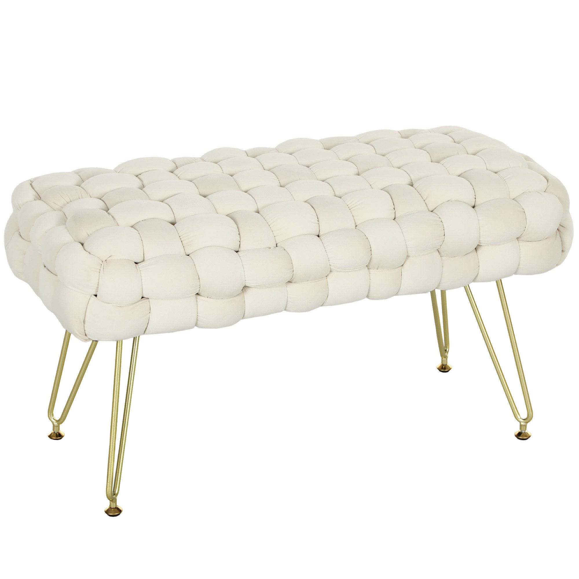MC Star Polsterbank Sitzhocker, mit Samtoptik, Fußbank mit gepolstertem Sitz, Metallbeine (Fußstütze, für Wohnzimmer, Schlafzimmer, 76 x 38 x 41,5 cm, Cremeweiß)