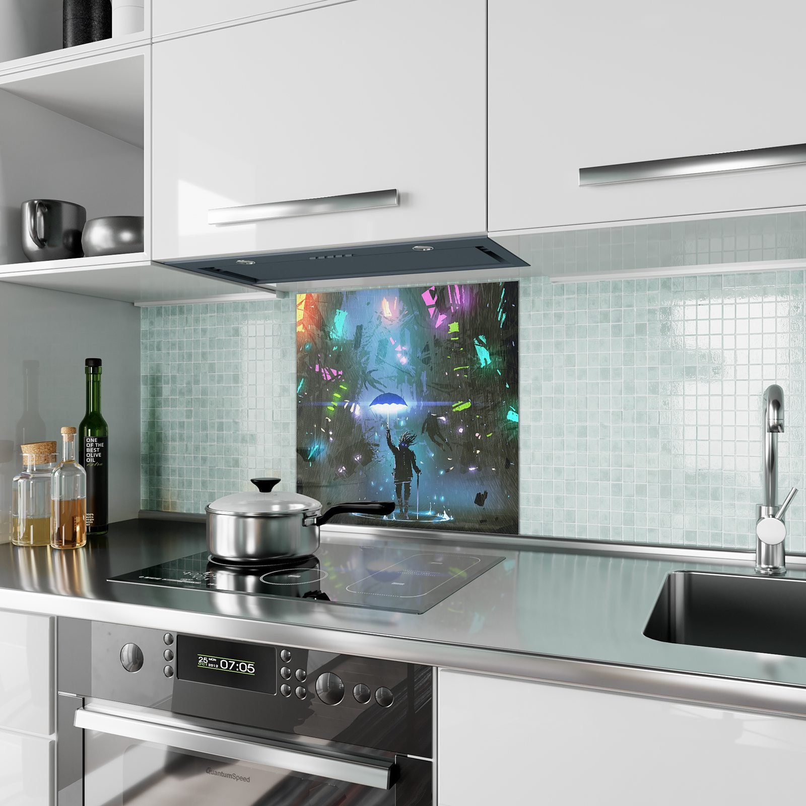 Stadt Spritzschutz Küchenrückwand Motiv Glas mit Primedeco Küchenrückwand Futuristische