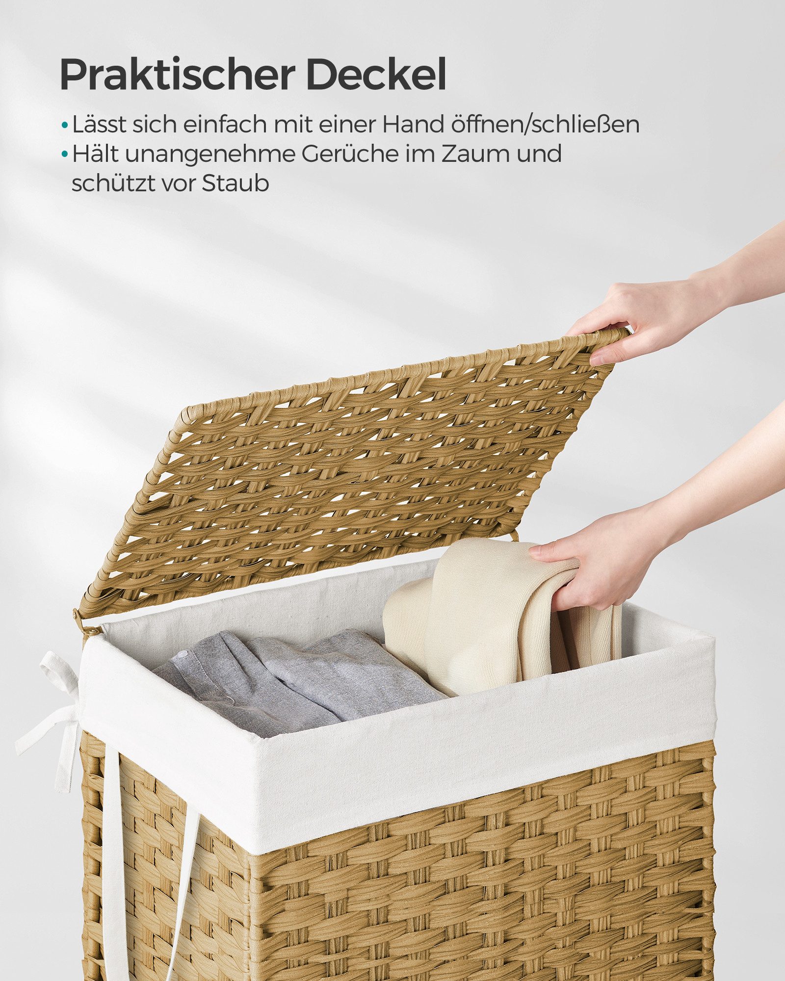 SONGMICS Wäschekorb Wäschebox aus synthetischem Rattan, herausnehmbarer Wäschesack, 90 Liter, handgeflochten, mit Deckel und Griffen, faltbar, 46x33x60 cm