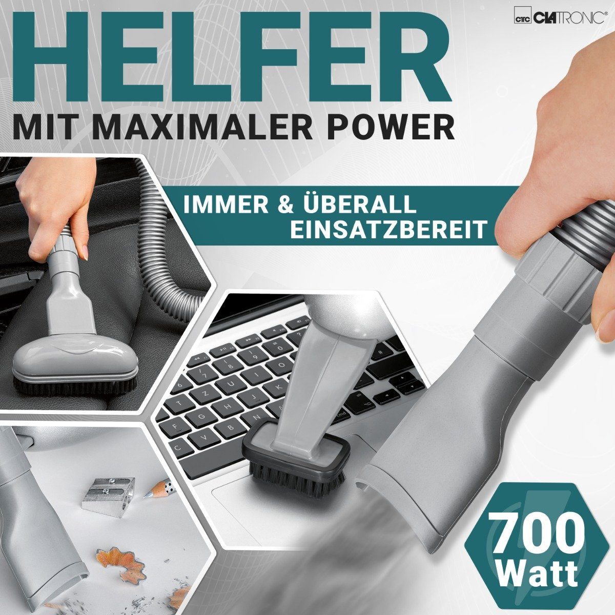 CLATRONIC Handstaubsauger HS 2631, Handstaubsauger mit 700 Watt & geringem Gewicht silberfarben