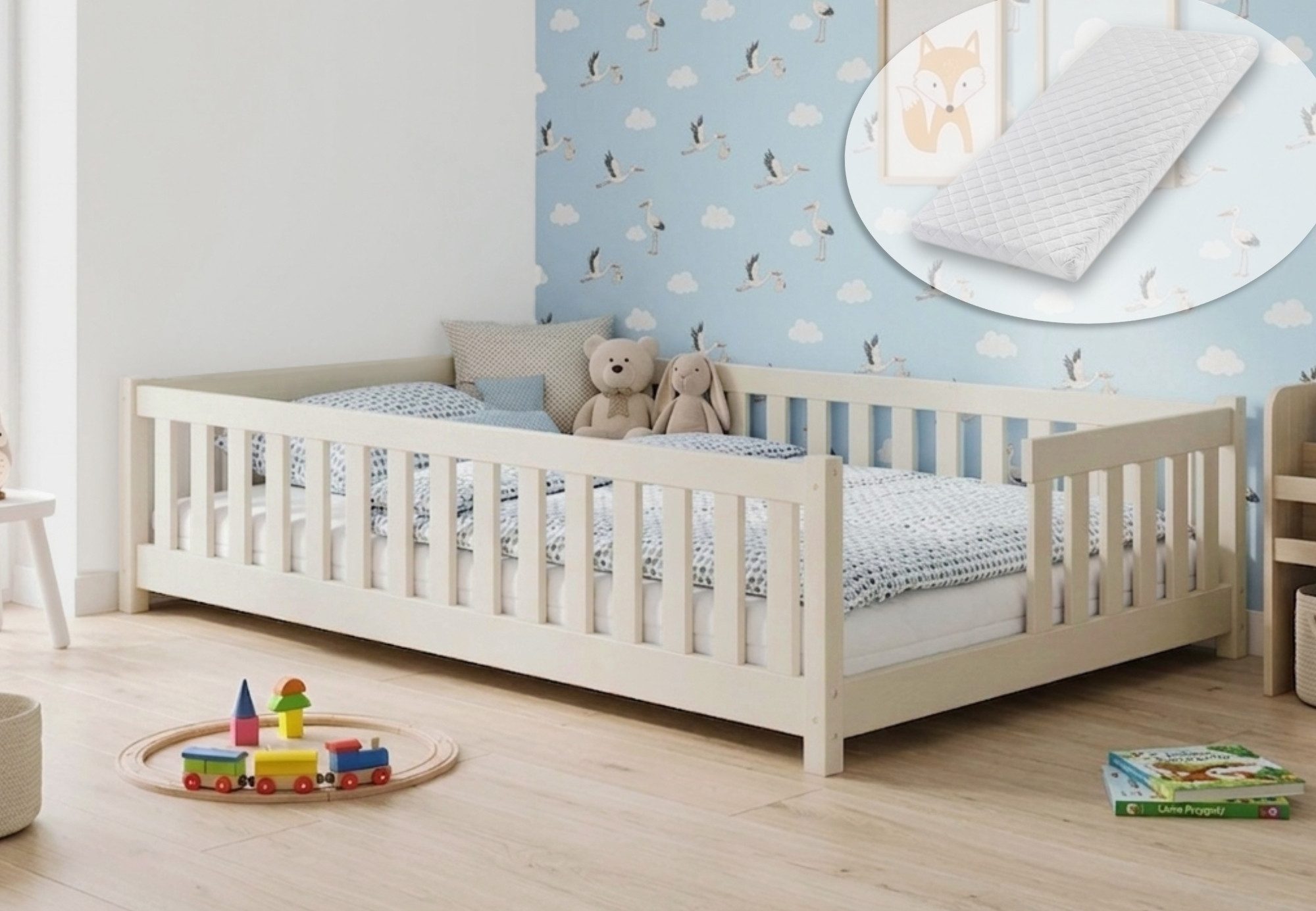 Kids Collective Kinderbett Bodenbett mit Rausfallschutz & Lattenrost Montessori Betten Kinder (Verfügbare Größen: 80 x 160, 80 x 180, 90 x 190, 90 x 200, 120 x 200, 140 x 200 cm), Jugendbett Einzelbett Kiefer mit Matratze Cotton