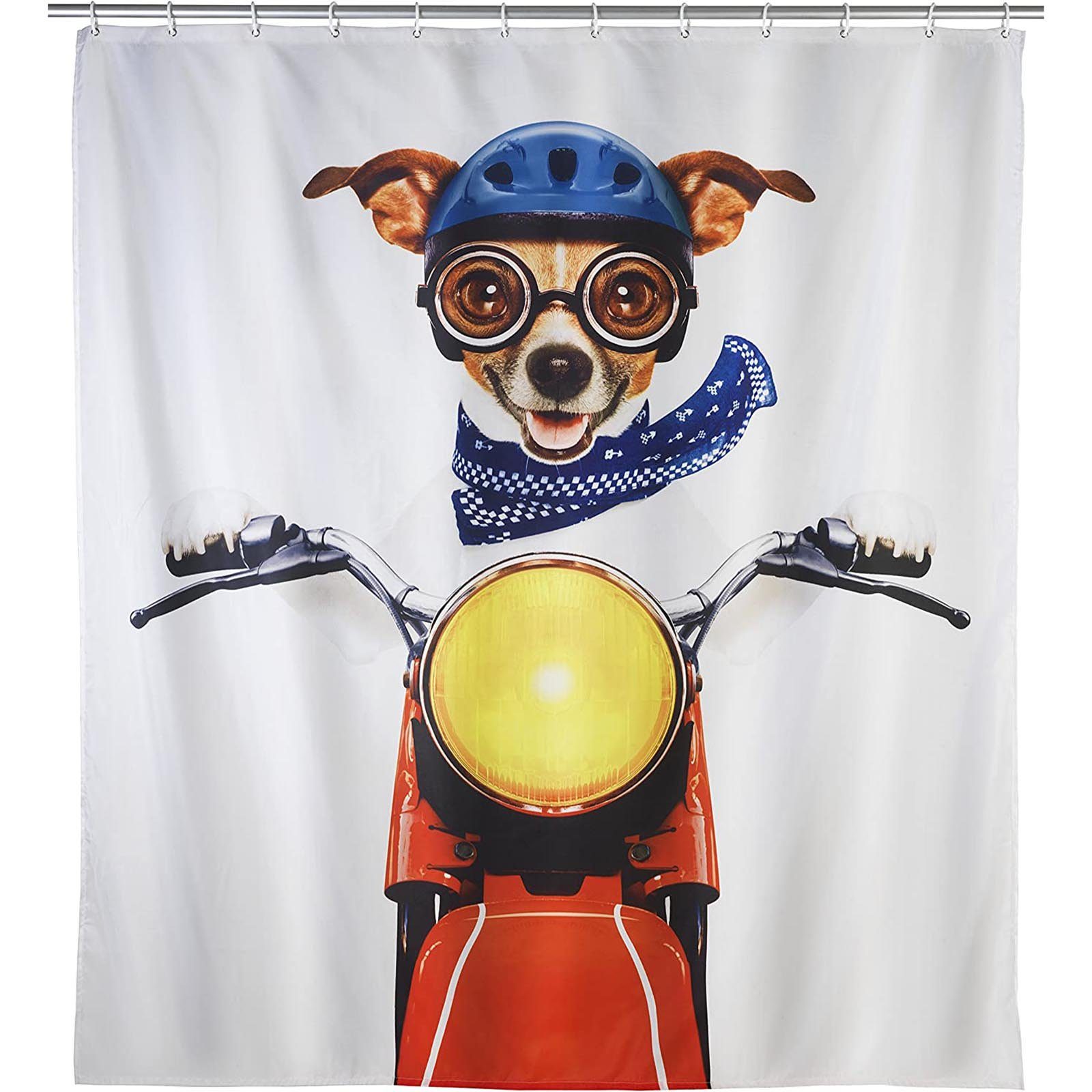 WENKO Duschvorhang Wannenvorhang Badewannenvorhang Biker Dog Breite 180 cm,  180 x 200 cm mit 12 Duschvorhangringen, Aus 100 % Polyester, bei 30°C  waschbar, besonders haltbar und pflegeleicht