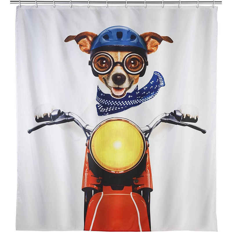 WENKO Duschvorhang Wannenvorhang Badewannenvorhang Biker Dog Breite 180 cm, 180 x 200 cm mit 12 Duschvorhangringen