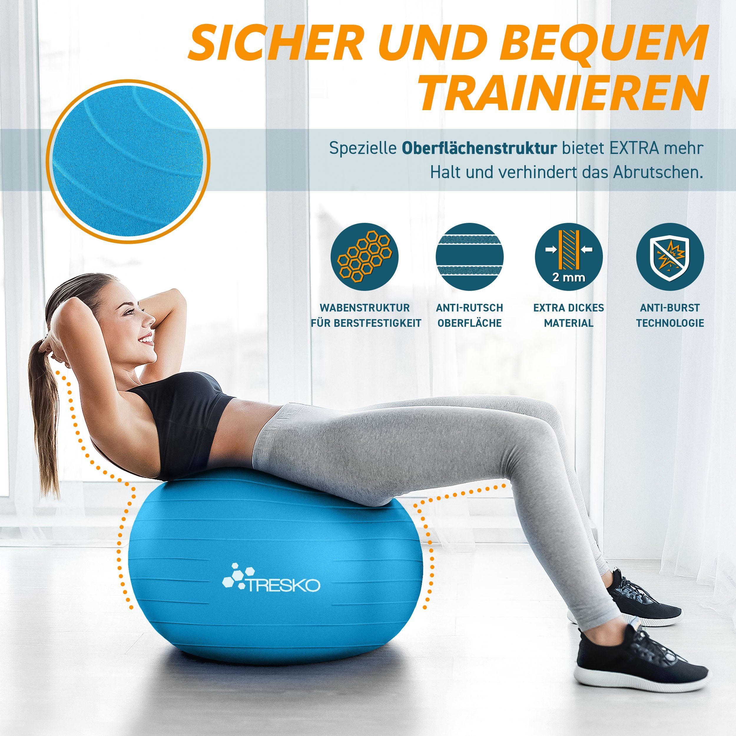 TRESKO Gymnastikball mit GRATIS Übungsposter inkl. Luftpumpe Yogaball, BPA-Frei Sitzball Büro Anti-Burst inkl. Luftpumpe, Fitnessball