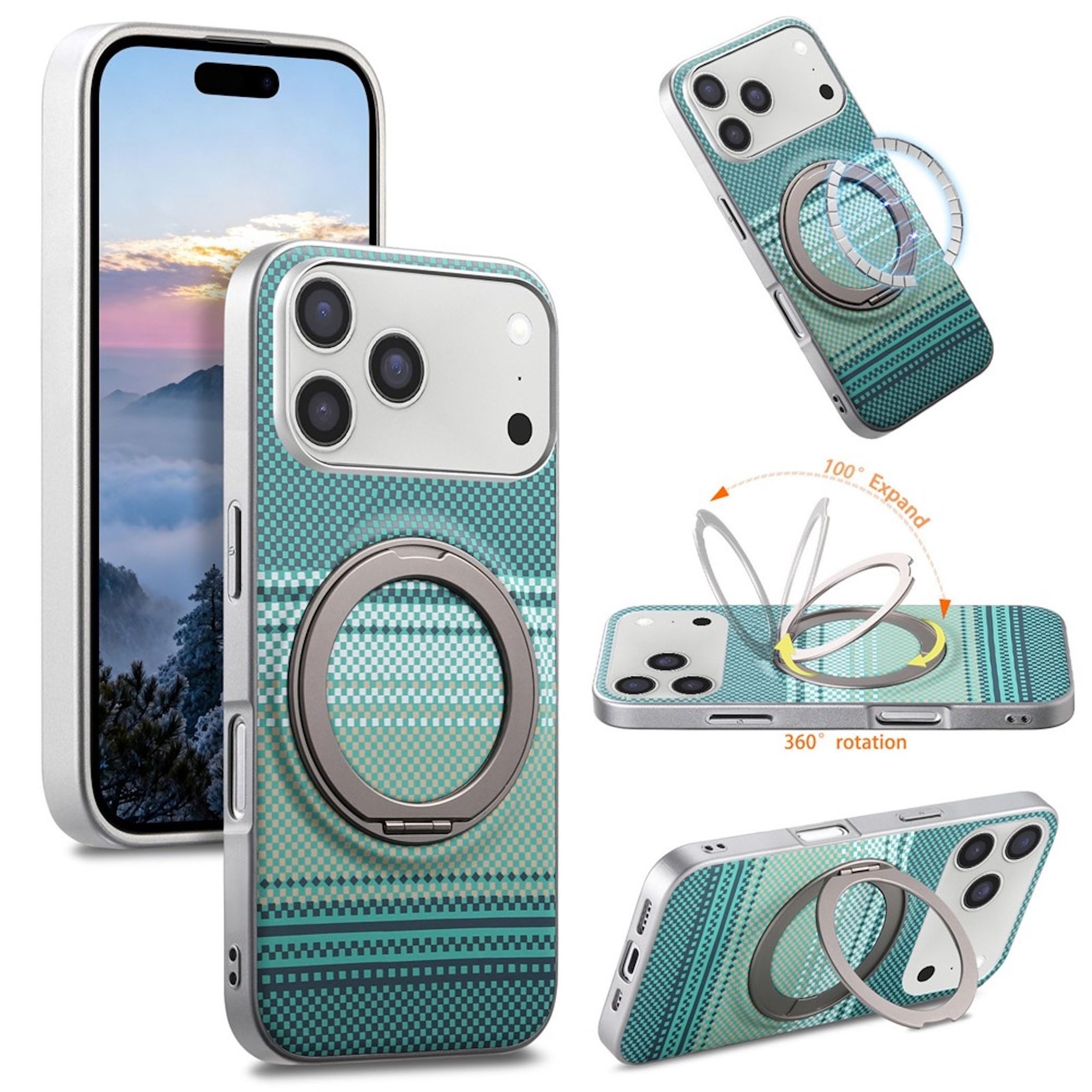 Wigento Handyhülle MagSafe für Apple iPhone 18 Pro / 17 Pro 360 Grad Ringhalter Ständer 6,3 Zoll, 360 Grad Ringhalter, Magnetring, Carbon Struktur