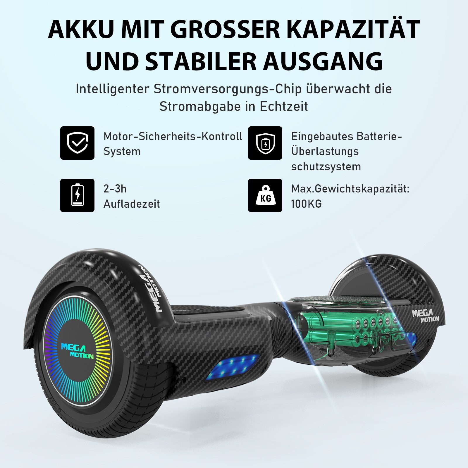 Mega Motion Balance Scooter 6.5 Zoll Hoverboard mit Bluetooth LED-Licht 2 Motoren, 15 km/h, Geschenk für Kinder und Jugendliche