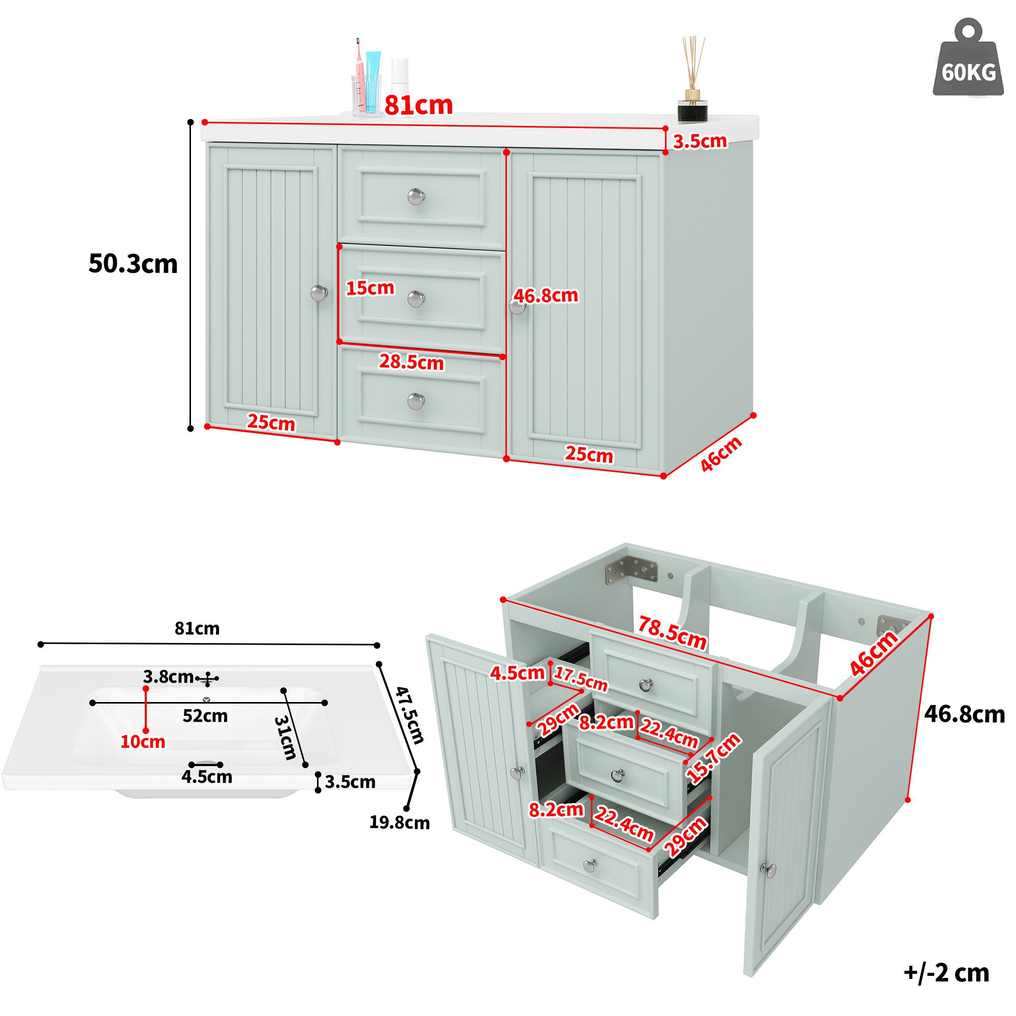 Celya Waschbeckenunterschrank Waschtischunterschrank mit Schubladen und Türen Badezimmerschrank (Mit Keramik-Waschbecken) wandhängend,Viel Stauraum,Wasserdichte – Bild 2 von 5