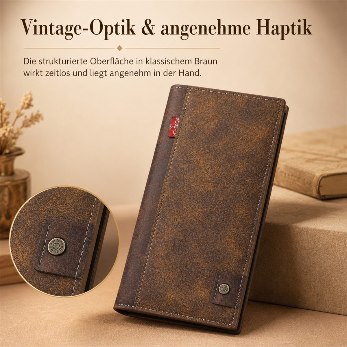 ibettertec Geldbörse Herren Portemonnaie Langformat, Vintage-Lederoptik, 15 Kartenfächer (Reißverschluss-Münzfach, Sichtfenster, 18,5x10 cm)