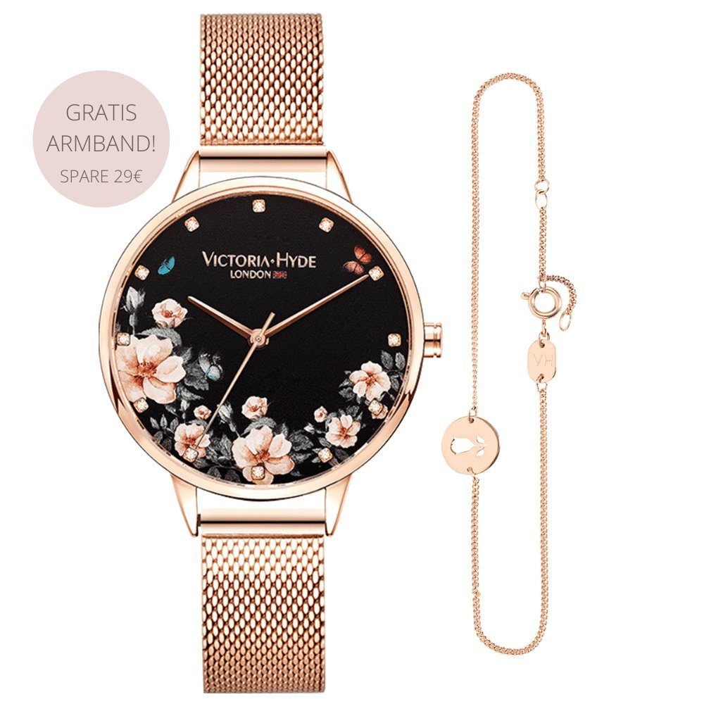 Victoria Hyde Quarzuhr Geschenkset Green Park Flower Roségold Schwarz, (Armbanduhr mit passendem Schmuckarmband), mit passendem Armband