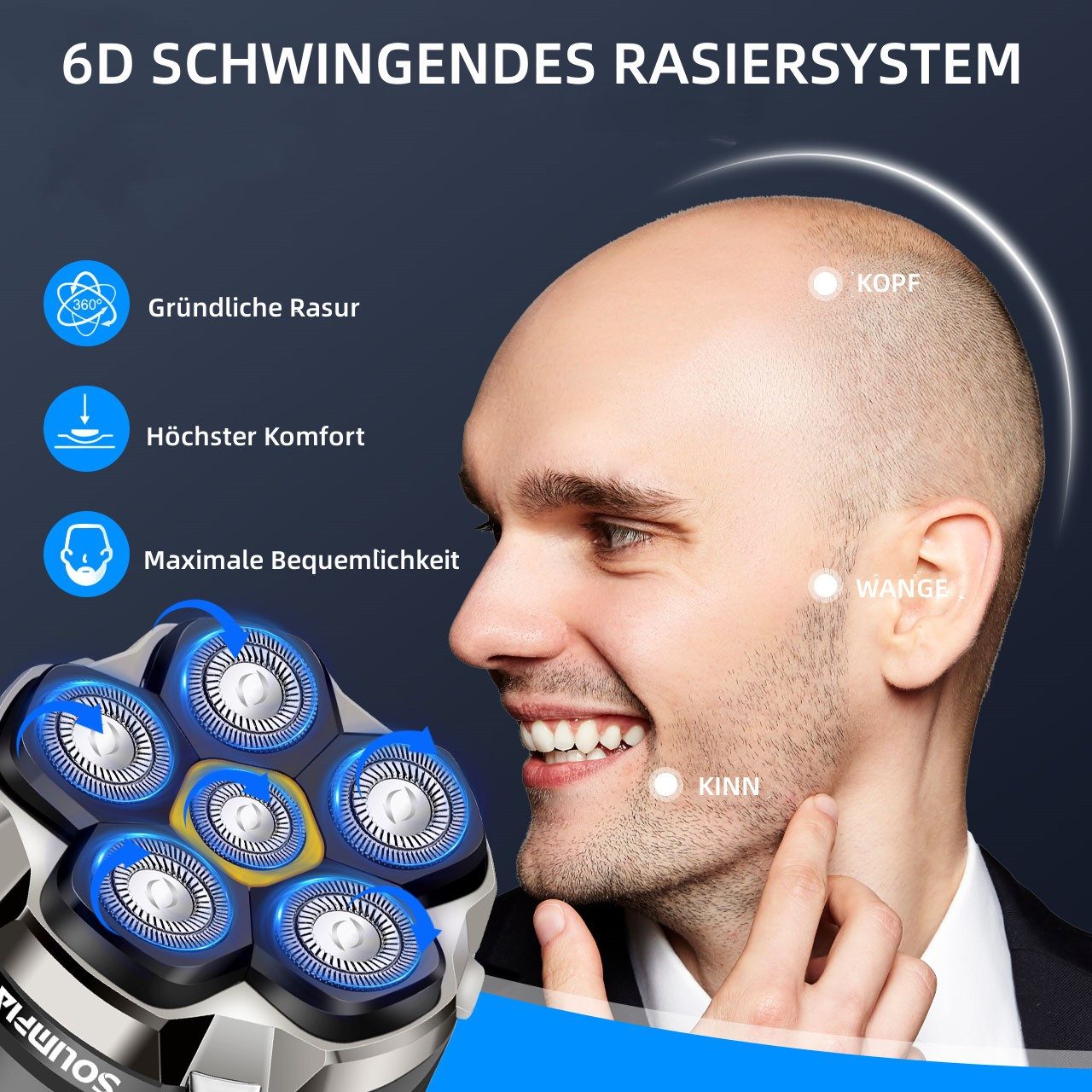 Scttomon Elektrorasierer HT-935, Aufsätze: 1, Bartschneider, 6-Kopf Glatzenrasierer, Wet&Dry, IPX6 Wasserdicht, LED Display