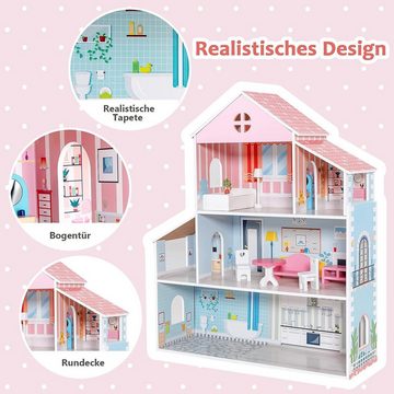 KOMFOTTEU Puppenhaus Spielhaus, mit 8 Möbelstücken