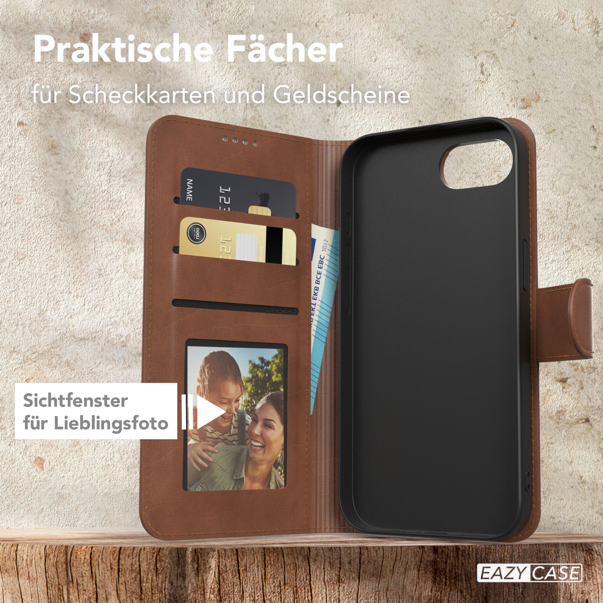 EAZY CASE Handyhülle Business Handytasche Kartenfächer für iPhone 16e 6,1 Zoll, Handyhülle Flip Case Schutztasche zum Aufstellen Wallet in Dunkelbraun