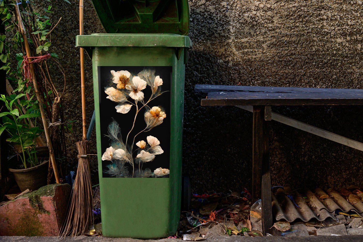 Blumen (1 - Vintage Abfalbehälter - Wandsticker Mülltonne, MuchoWow Schwarz Pflanzen Sticker, - Mülleimer-aufkleber, Container, St),