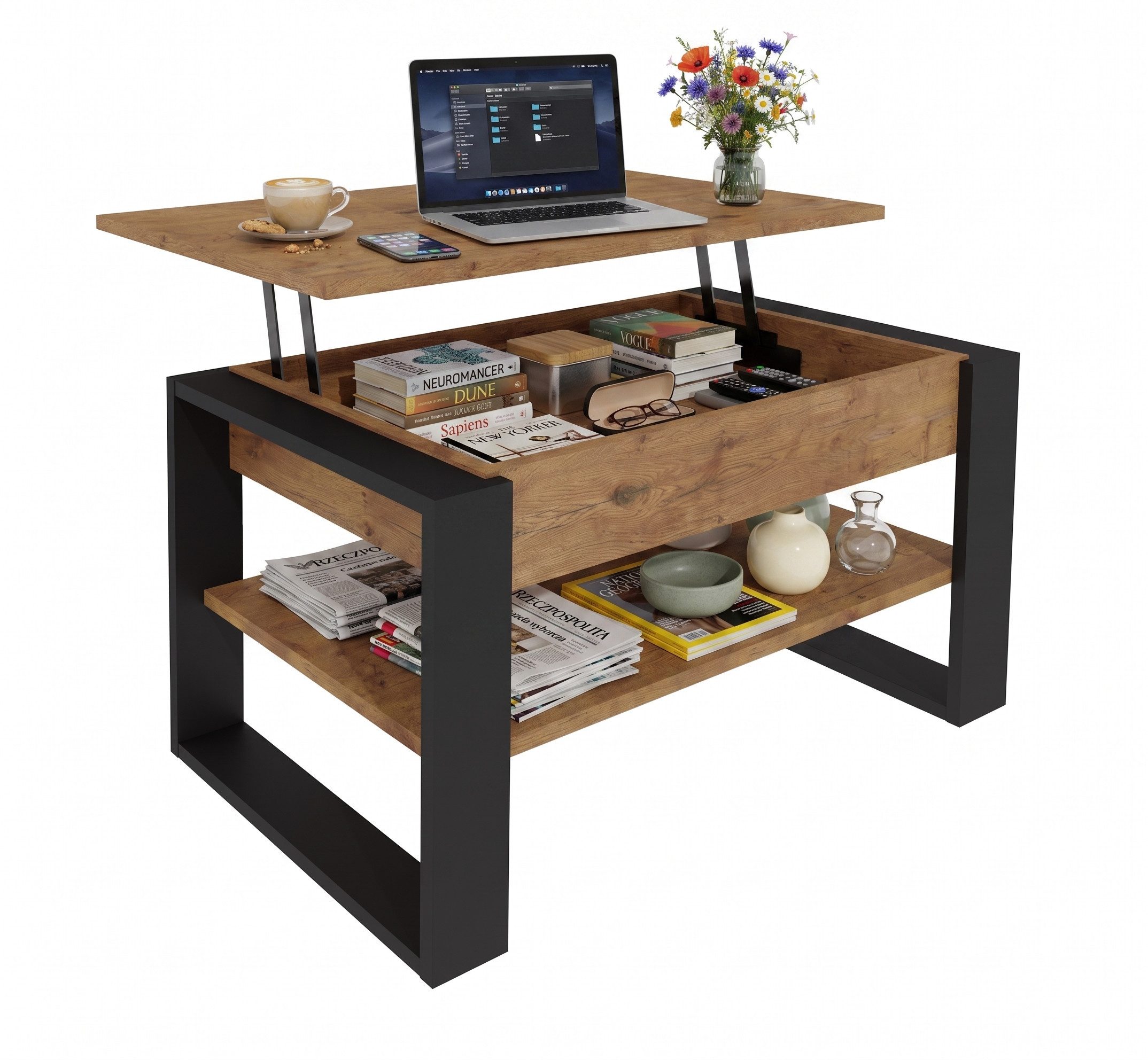 TREND WERK Couchtisch Lift-Couchtisch höhenverstellbar Sofatisch 92×55 cm mit Stauraum (verstecktem Fach Wohnzimmertisch Holz modern)
