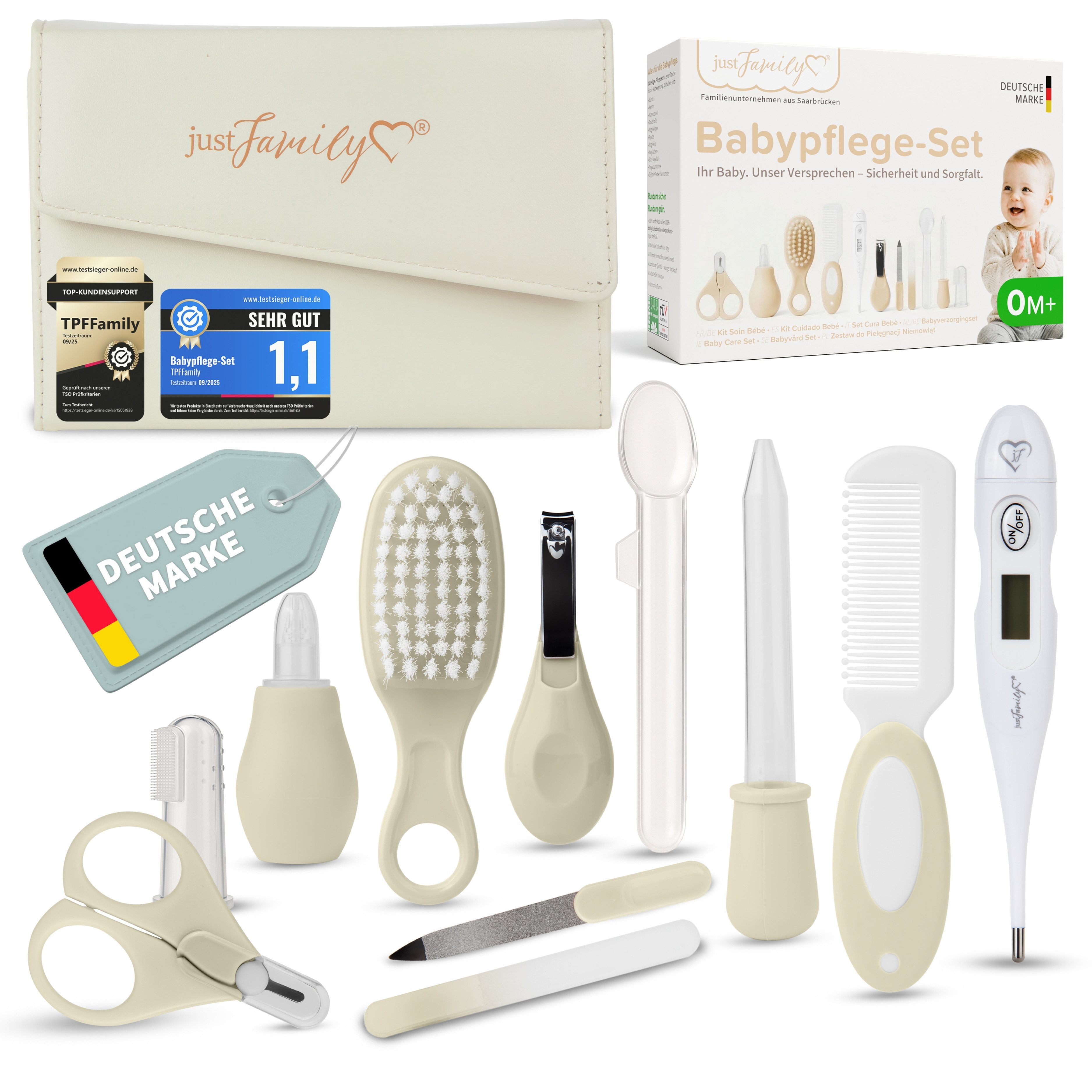 TPFFamily Babypflege-Set Neugeborene inkl. Pflegeartikel und MDR/EU-konformem Fiebertermometer, 11 tlg., 11-tlg. Erstausstattung fürs Baby - Schönes Geschenkset zur Geburt