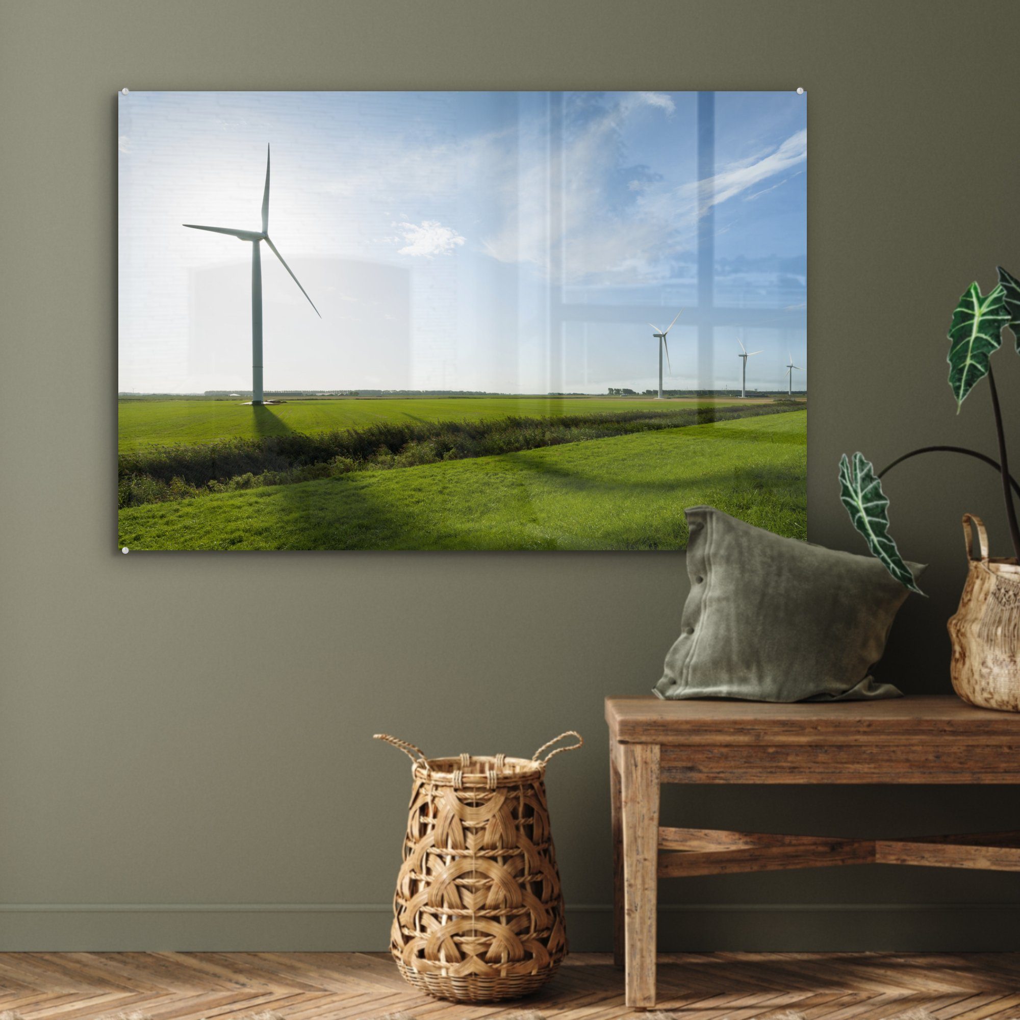 Sonnenaufgang & von Lande, Acrylglasbilder St), Schlafzimmer Reihe MuchoWow Acrylglasbild Wohnzimmer vor (1 dem auf Windturbinen