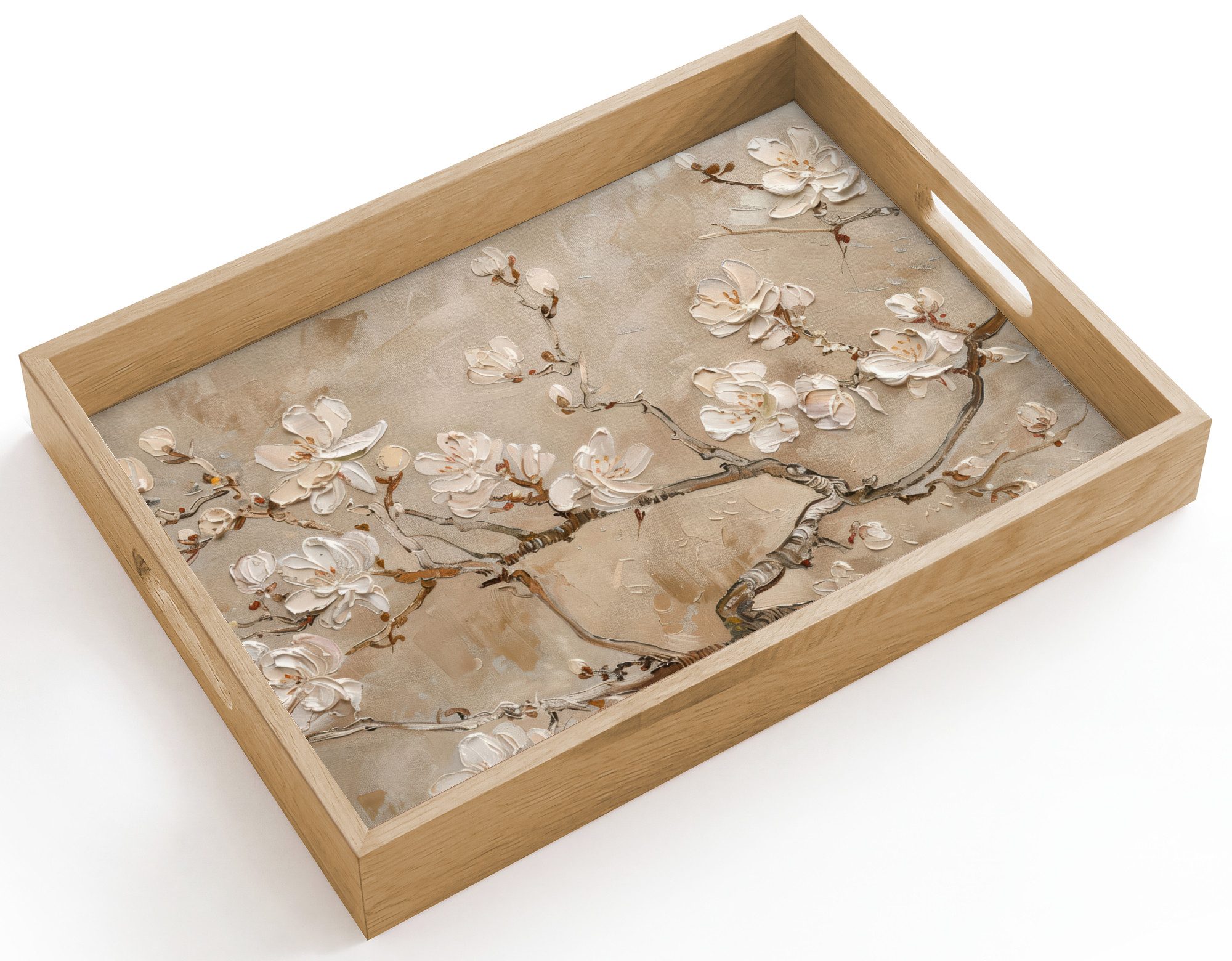 OnlyWow Tablett Rechteckig mit Henkel Blumen - Modern - Beige - Weiß - Blüte, Eichenholz, (1-tlg), Siervierplatte, Tray, Frühstücksbrett