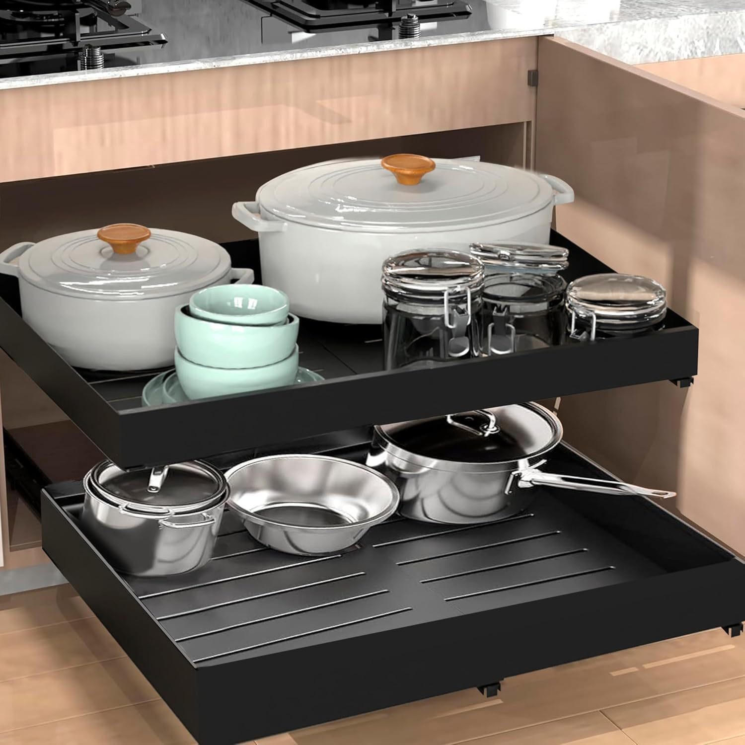 Kityhome Küchenorganizer-Set Ausziehbare Küchen-Schublade, 1-ebig, breiteverstellbar, (Schwerlast-Schubladensystem, Organisation unter Spüle, im Bad oder Büro), breiteverstellbar