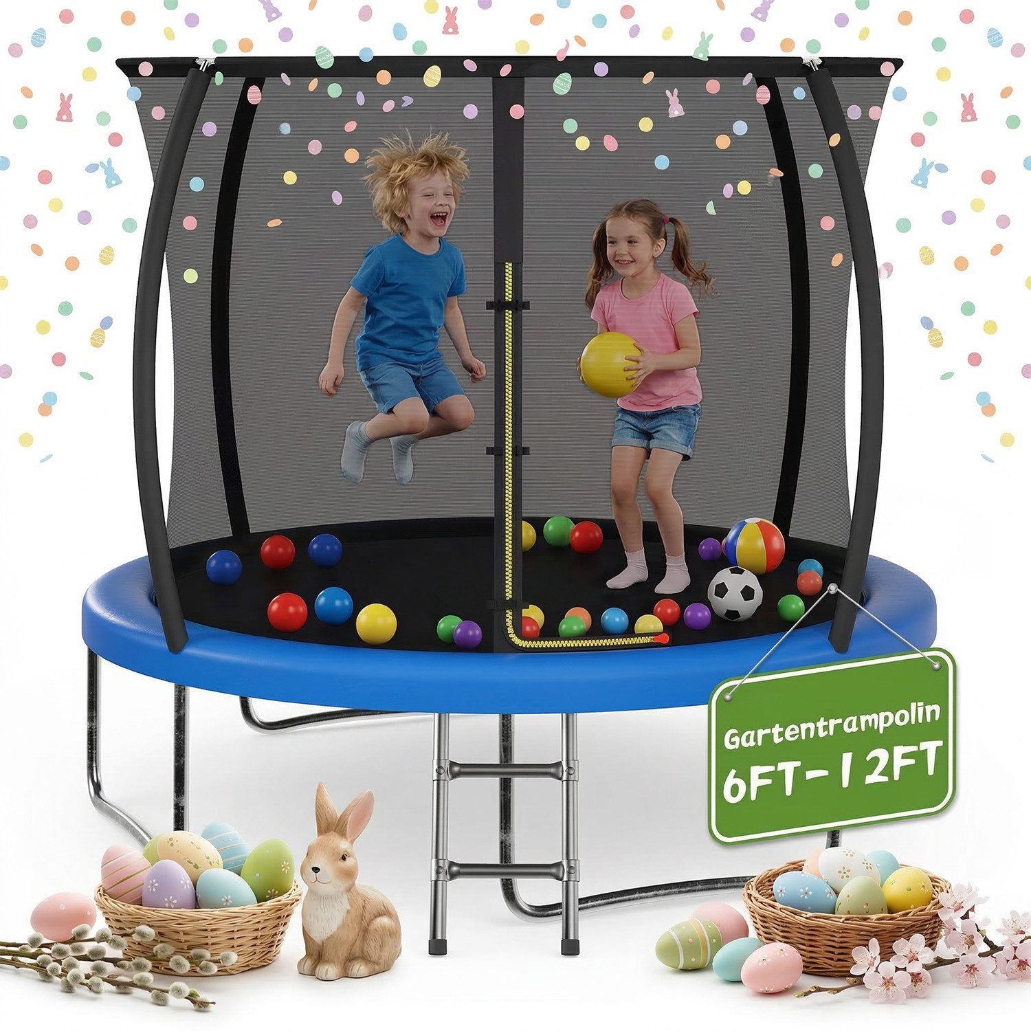 HOMALL Gartentrampolin Kindertrampolin Outdoor-Trampolin Durchmesser: 183/220/290/360 cm, Ø 183 cm, (Durchmesser 183 cm (mit Sicherheitsnetz und Schutzhaube, Tragkraft 50 kg/150 kg, 360°-Sicherheitsnetz, erhältlich in Schwarz/Blau/mehrfarbig) -ostern geschenke)