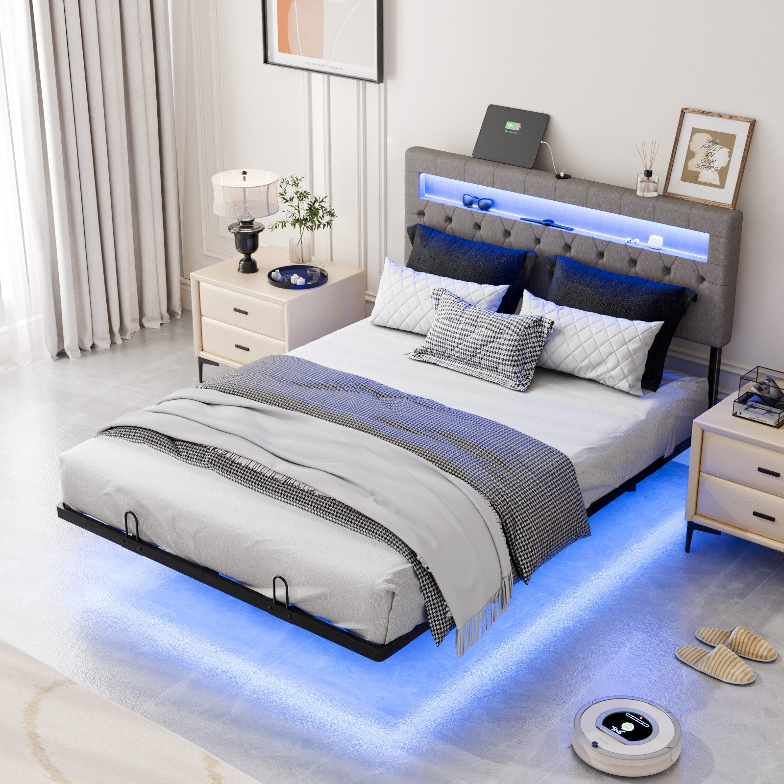 Bonnlo Polsterbett Schwebebett mit LED-Beleuchtung, Ladestation & Leinenoptik (Ohne Matratze), Jugendbett, Doppelbett mit stabilem Bettrahmen, 140 x 200 cm