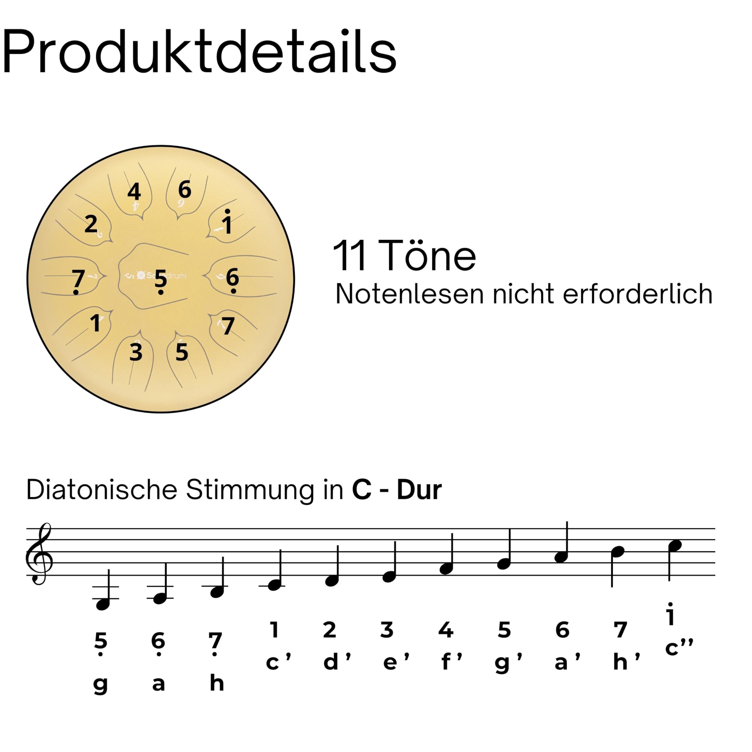 Sonodrum Steel Tongue Drum C - Dur, Zungentrommel 30 cm groß mit 11 Tönen,Steel Drum, Inkl. Liederbuch, Schlägel, Fingersticks und Tragetasche