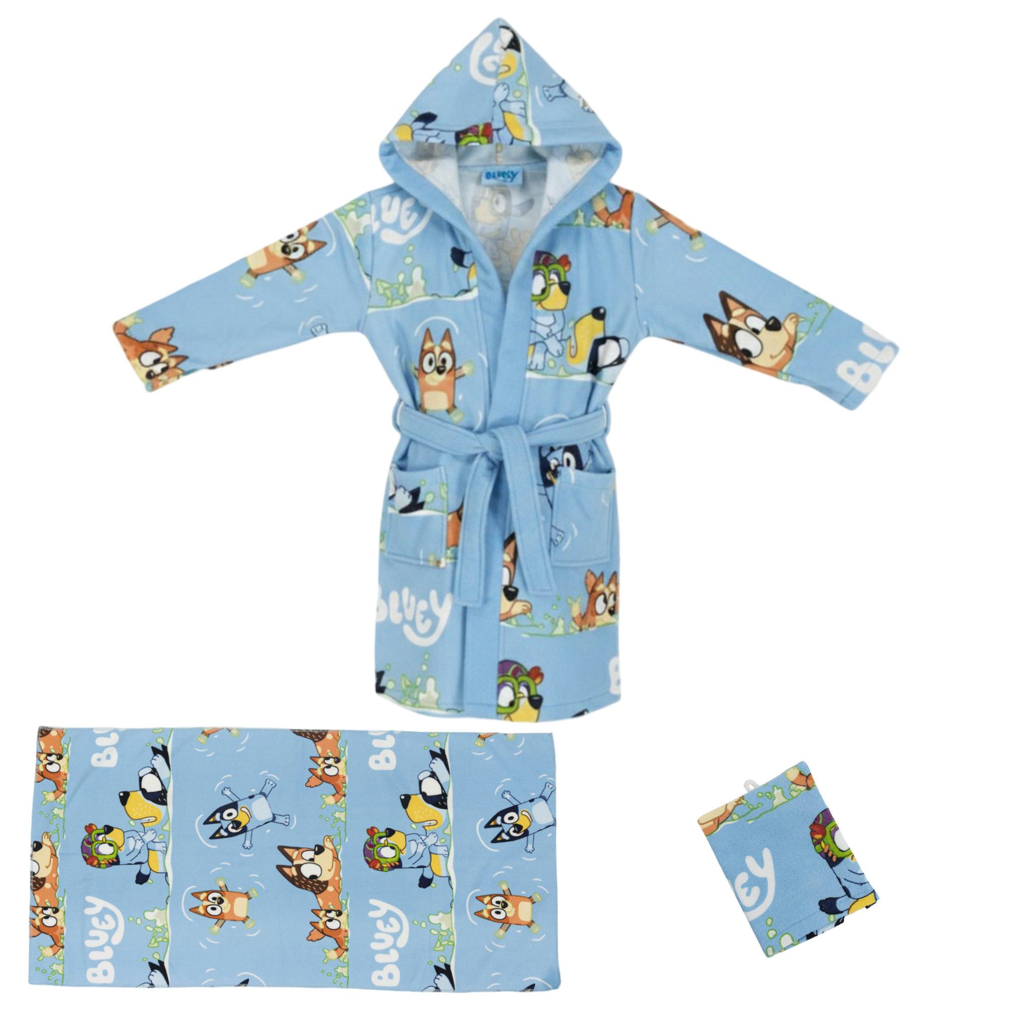 Bluey Kinderbademantel Bluey Bingo Kinder 3 tlg Set Bademantel Handtuch Handschuh, Polyester, Kapuze, Gürtel, Gr. 98 bis 128