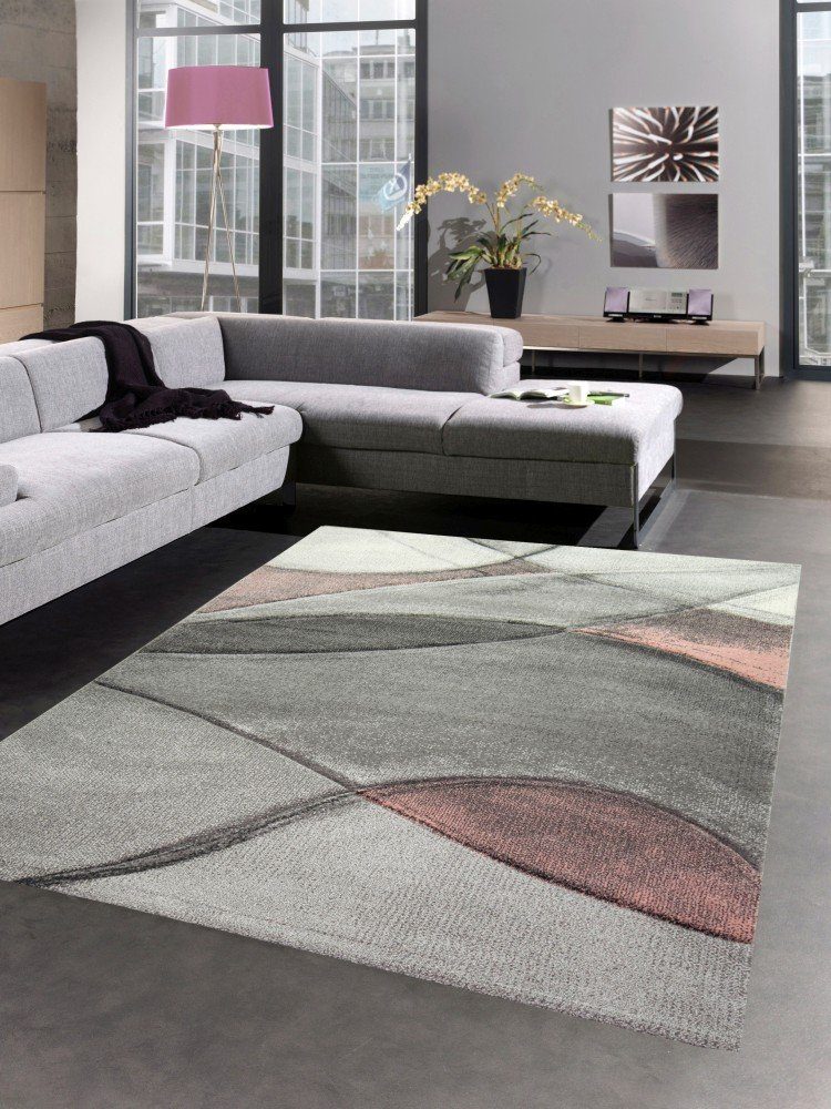 Carpetia Teppich Teppich modern Teppich Wohnzimmer Wellen rosa grau pastell günstig online kaufen