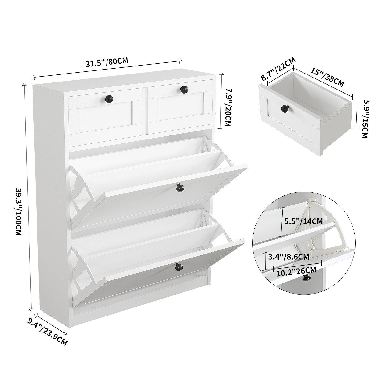 VOWNER Schuhschrank mit 2 Klappen, Einstellbarer Schmal Schuhregal, 80 x 24 x 100 cm (1-St) 2 Flip-Schubladen mit anpassbaren Regalen