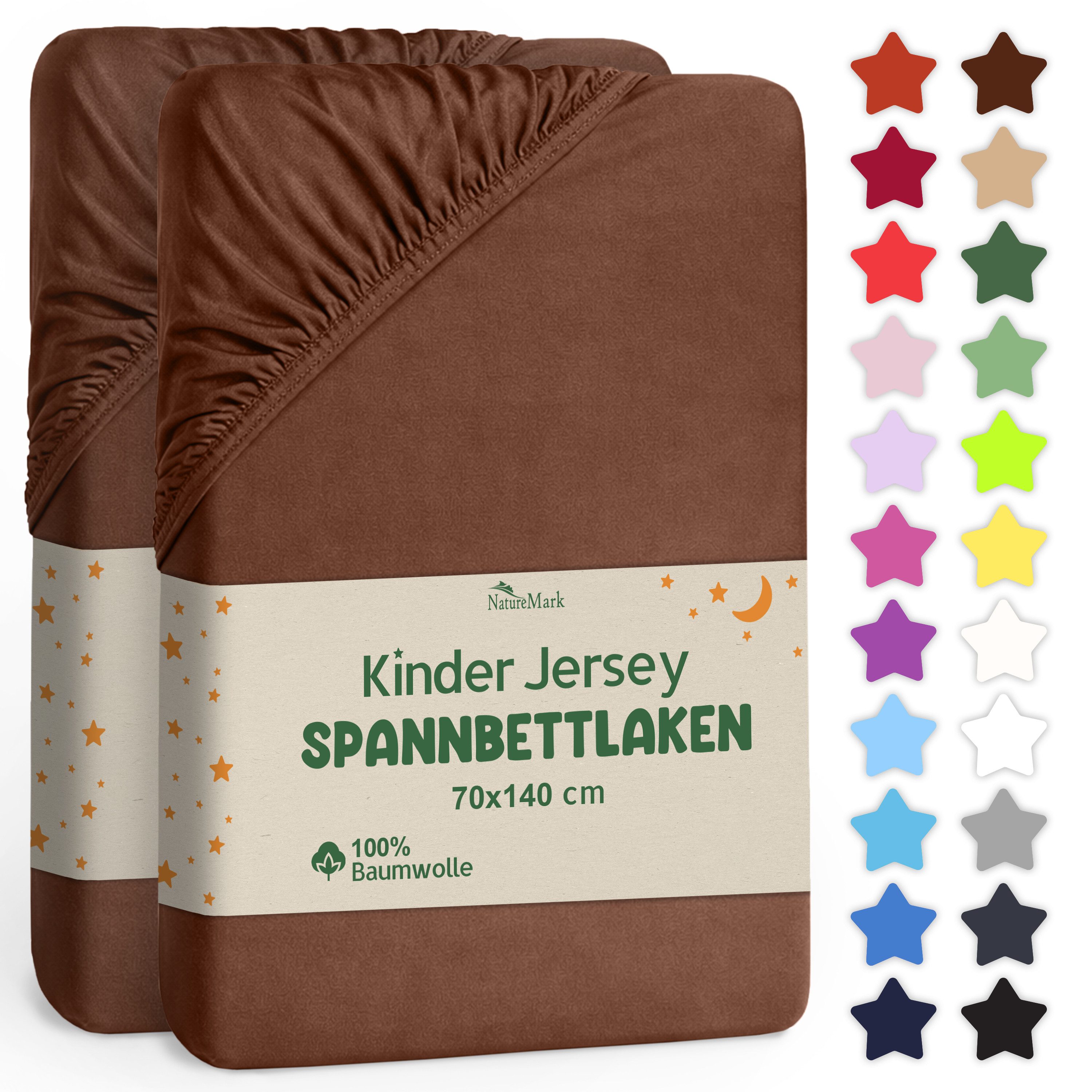 NatureMark Spannbettlaken Jersey Spannbetttuch, 100% Baumwolle, Gummizug: rundum, (2 Stück), Kinder Spannbetttuch, für Baby-/Kinderbett, 70x140 cm, Schokobraun