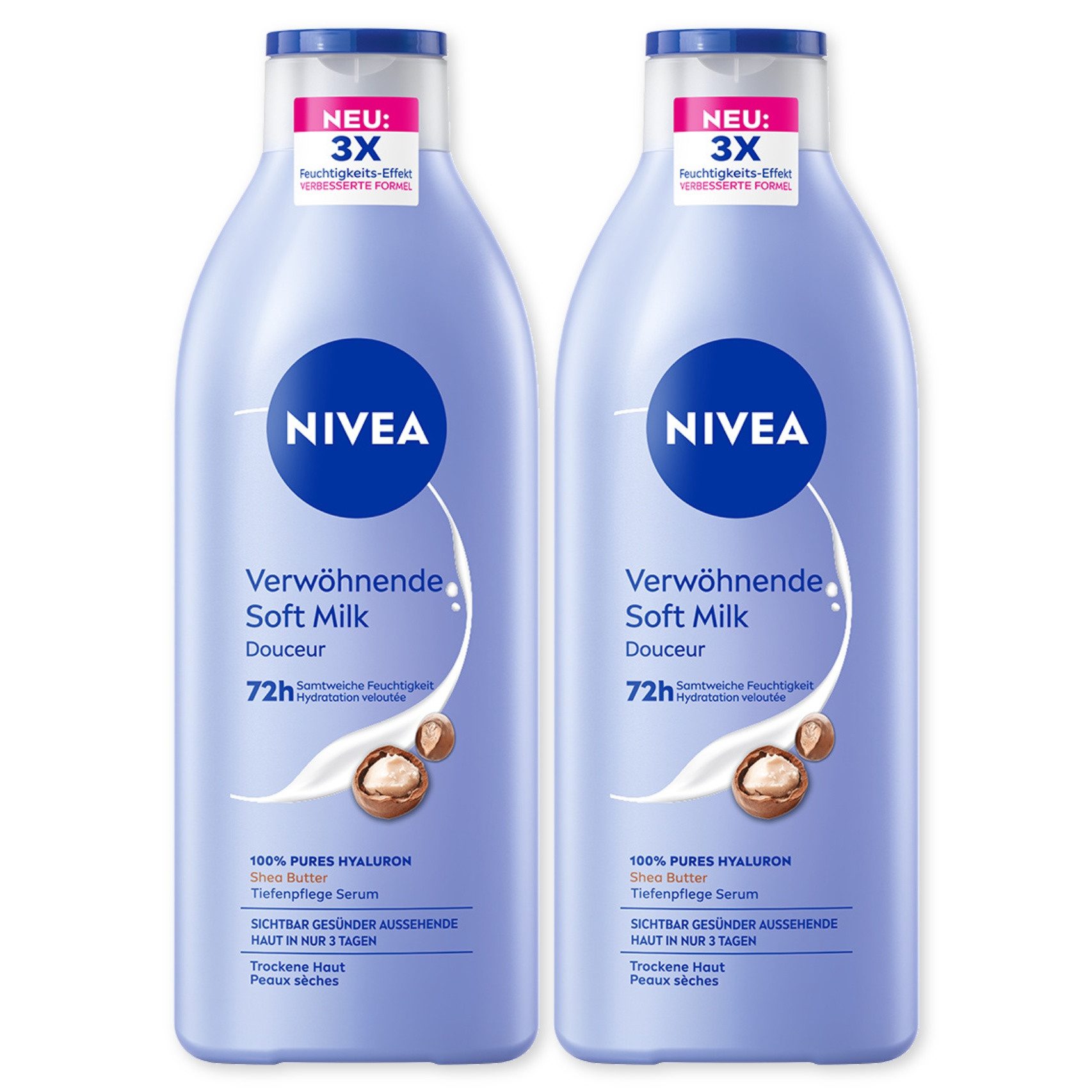 Nivea Körpermilch Soft Milk 2 x 400ml Hyaluron Sheabutter und Deep Nourish Serum, 2-tlg., 72h Feuchtigkeit