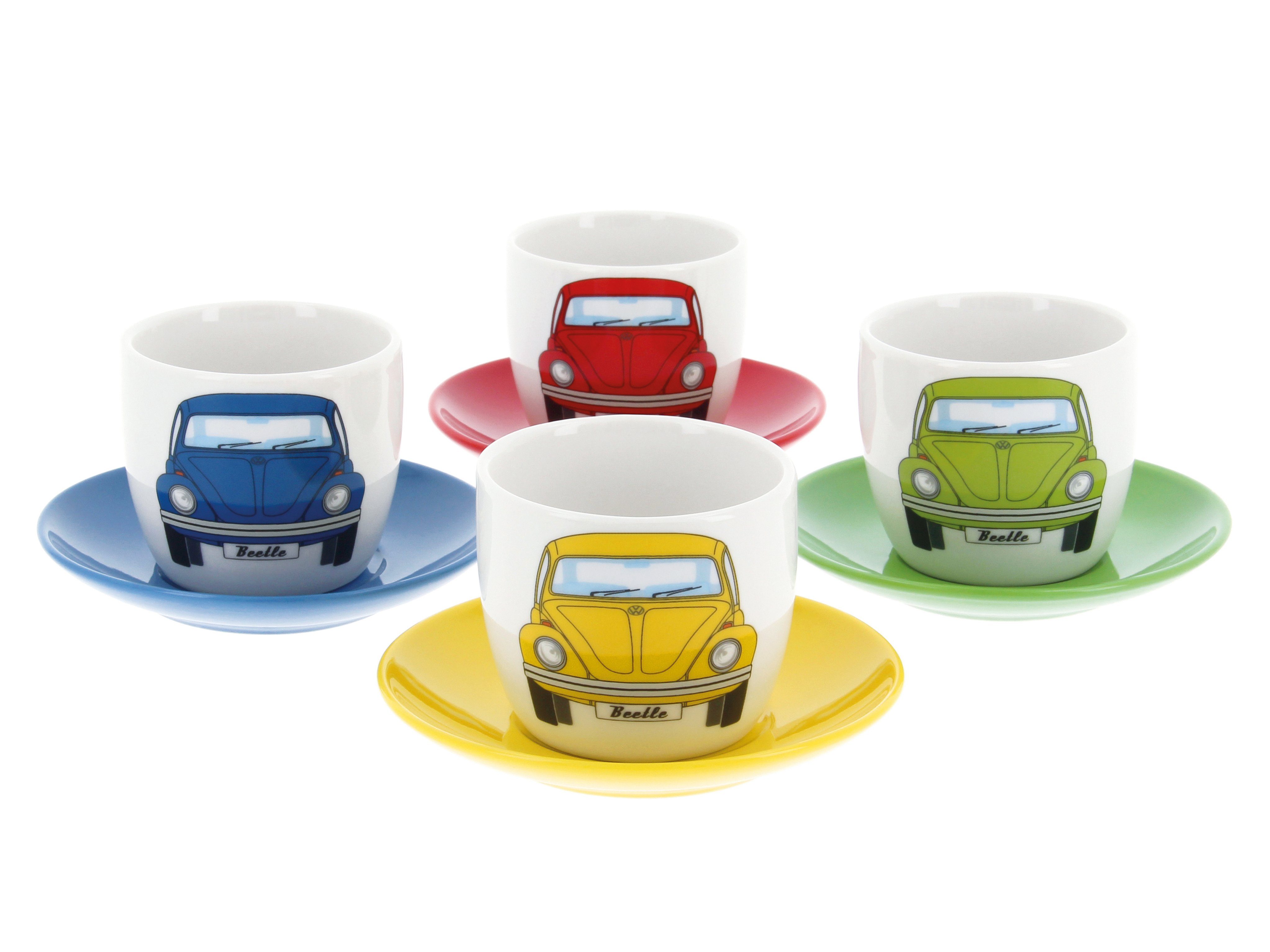 VW Collection by BRISA Espressotasse Volkswagen kleine Espressotassen, New Bone China, Espresso Becher im VW Beetle Design, 4er Set, 100ml