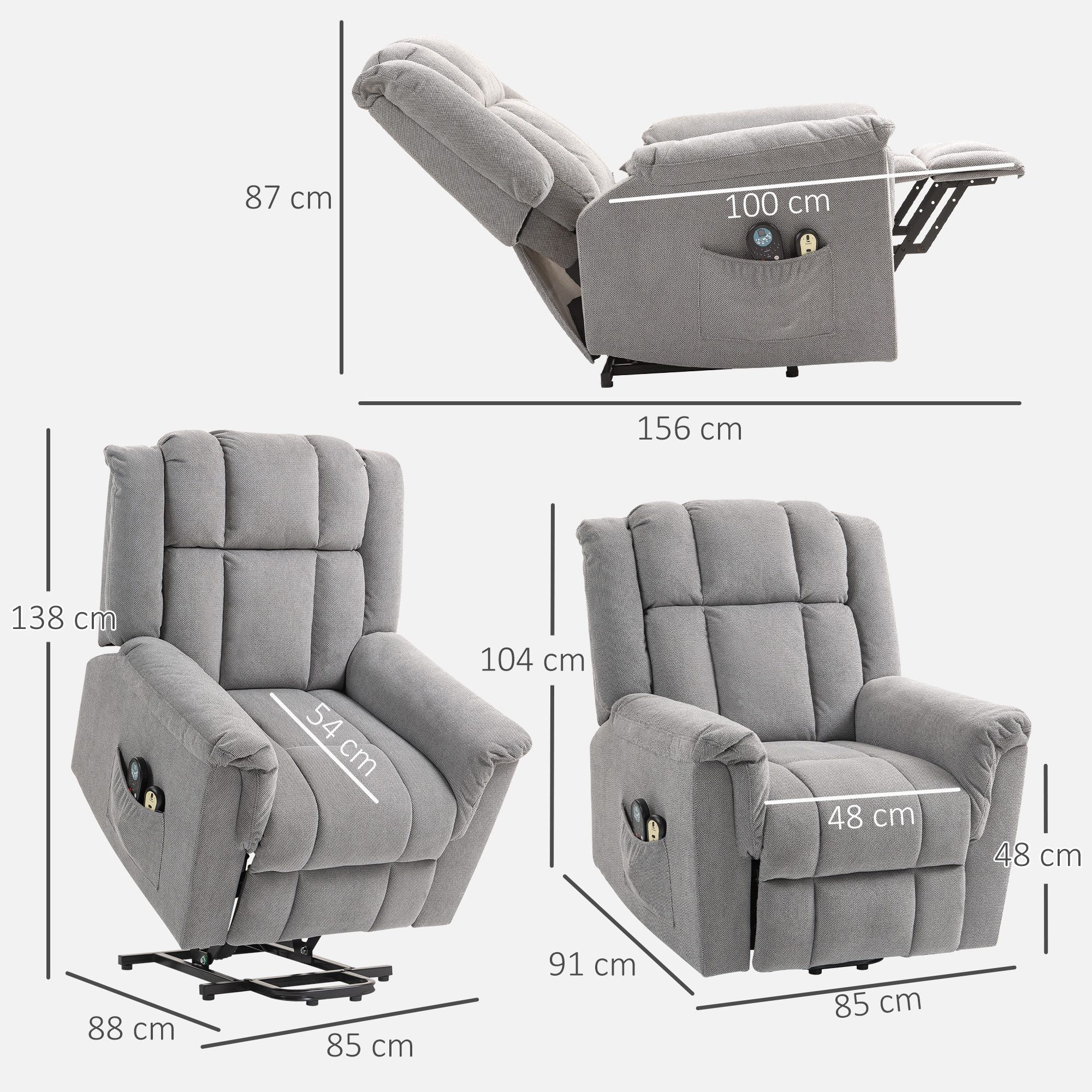 HOMCOM Relaxsessel mit Aufstehhilfe Heizung Liegefunktion, Breite Rückenlehne (Massagesessel, 1-St., TV Sessel), TV Sessel mit Fußteil, 2 Seitentaschen für Wohnzimmer Dunkelgrau
