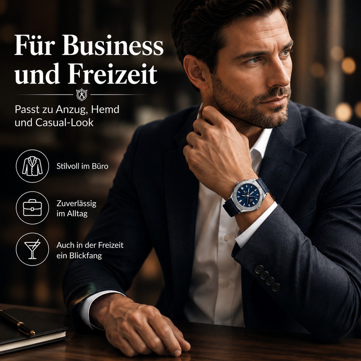 Toomoke Quarzuhr Herrenarmbanduhr, analoge Herrenuhr mit Lederarmband, Business-Uhr, (Multifunktionsuhr mit Datum, Wochentag und Leuchtzeigern), 42 mm Analog He – Bild 4 von 5