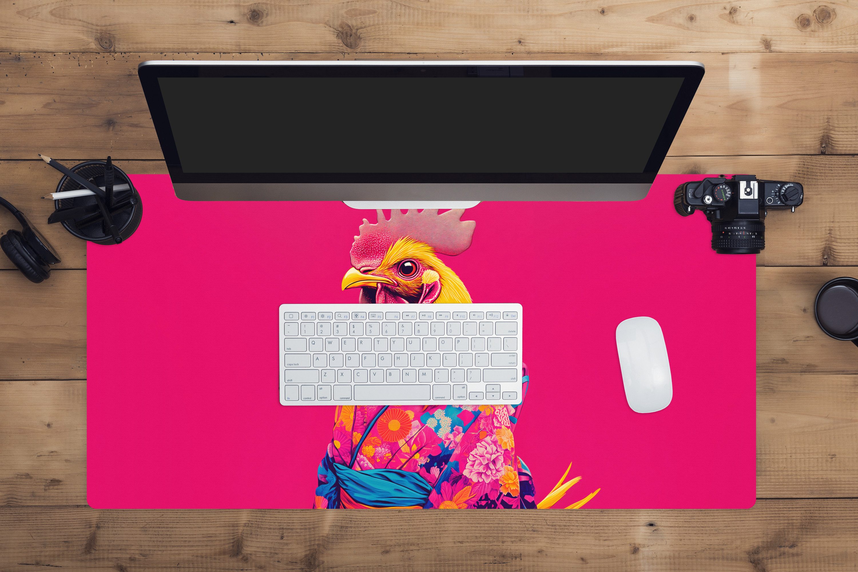 MuchoWow Mauspad Hahn - Bunt - Kimono - Rosa (1-St), Schreibtischunterlage, Mousepad Gaming XXL, Großes, 90x45 cm