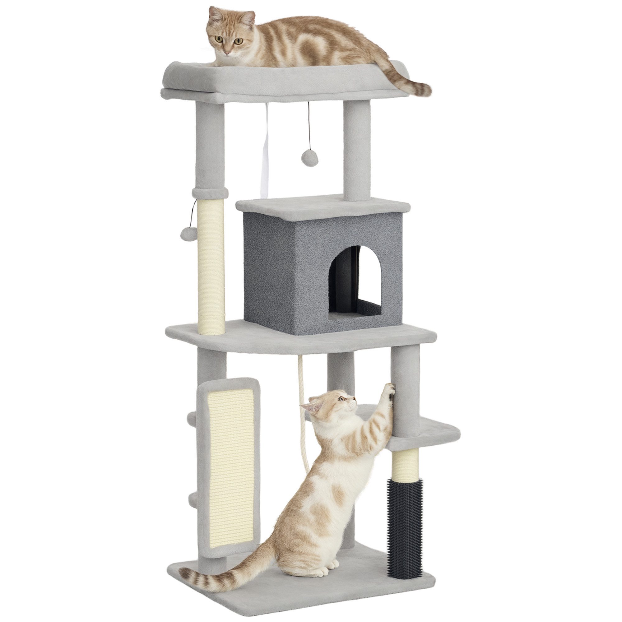 PawHut Kratzbaum Katzenbaum mit Höhle, Bett, Kratzbrett, Plüschbälle, Katzenmöbel, für Katzen bis 6 kg, Hellgrau