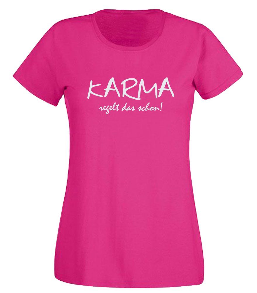 G-graphics T-Shirt Karma regelt das schon! Slim-fit- Damen T-Shirt mit Statement / Spruch als Frontprint