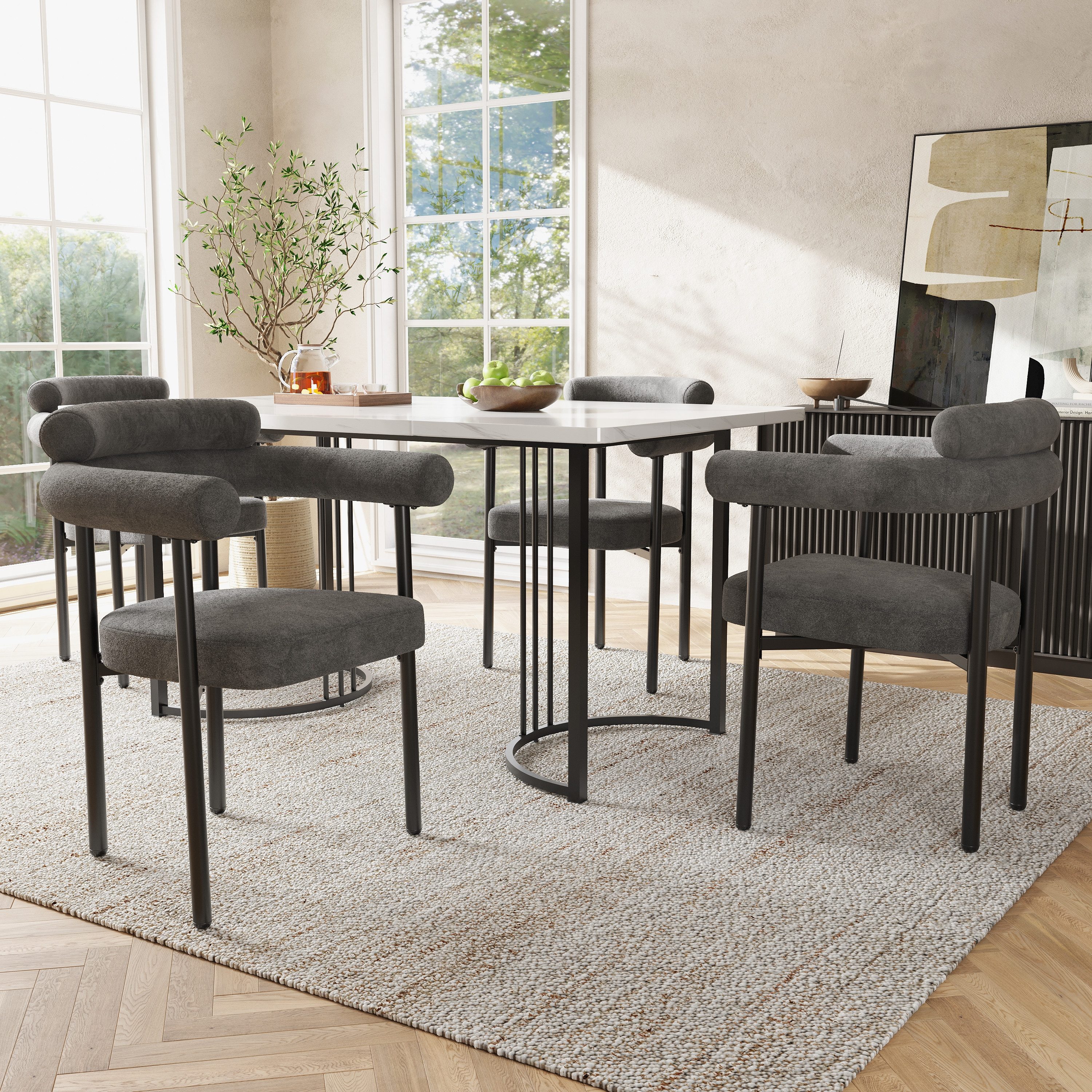 MODFU Essgruppe Esstisch mit Samt-Hohlsesseln, (Esstisch- und Stuhlset, 5-tlg., Esstisch mit 4 Stühlen), Esstisch mit Design-Tischbeinen, Samt-Hohlsesseln