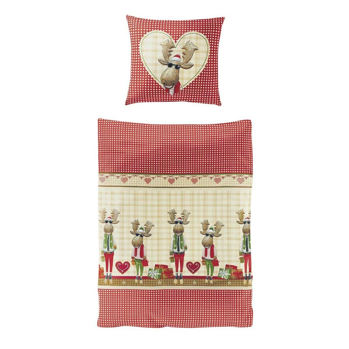 TRAUMSCHLAF Bettwäsche Elch mit Sonnenbrille, Biber, 2 teilig, Winterwäsche in weihnachtlichem Design