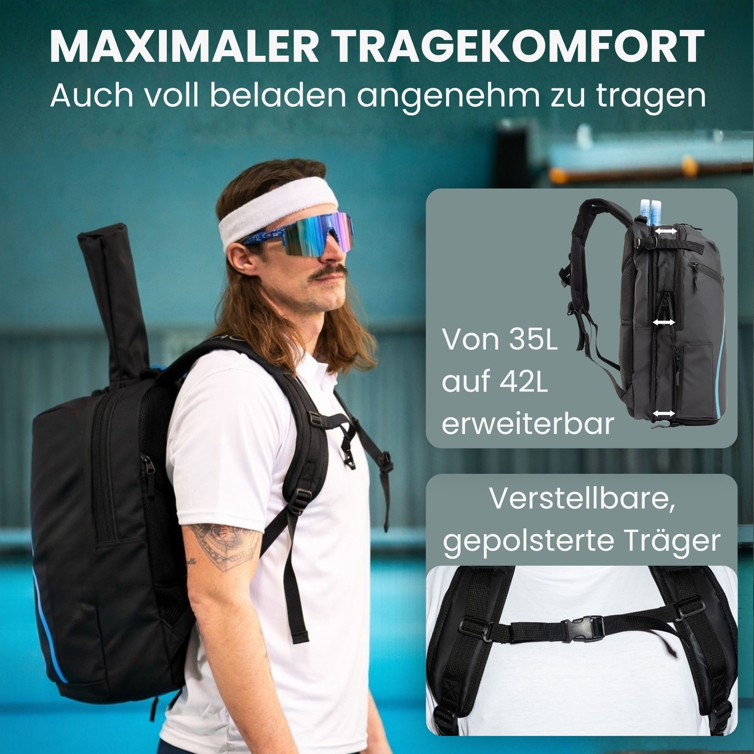 Otaro Tennisrucksack Tennisrucksack mit Schuhfach für 2 Schläger, Pro 42L – Bild 5 von 5