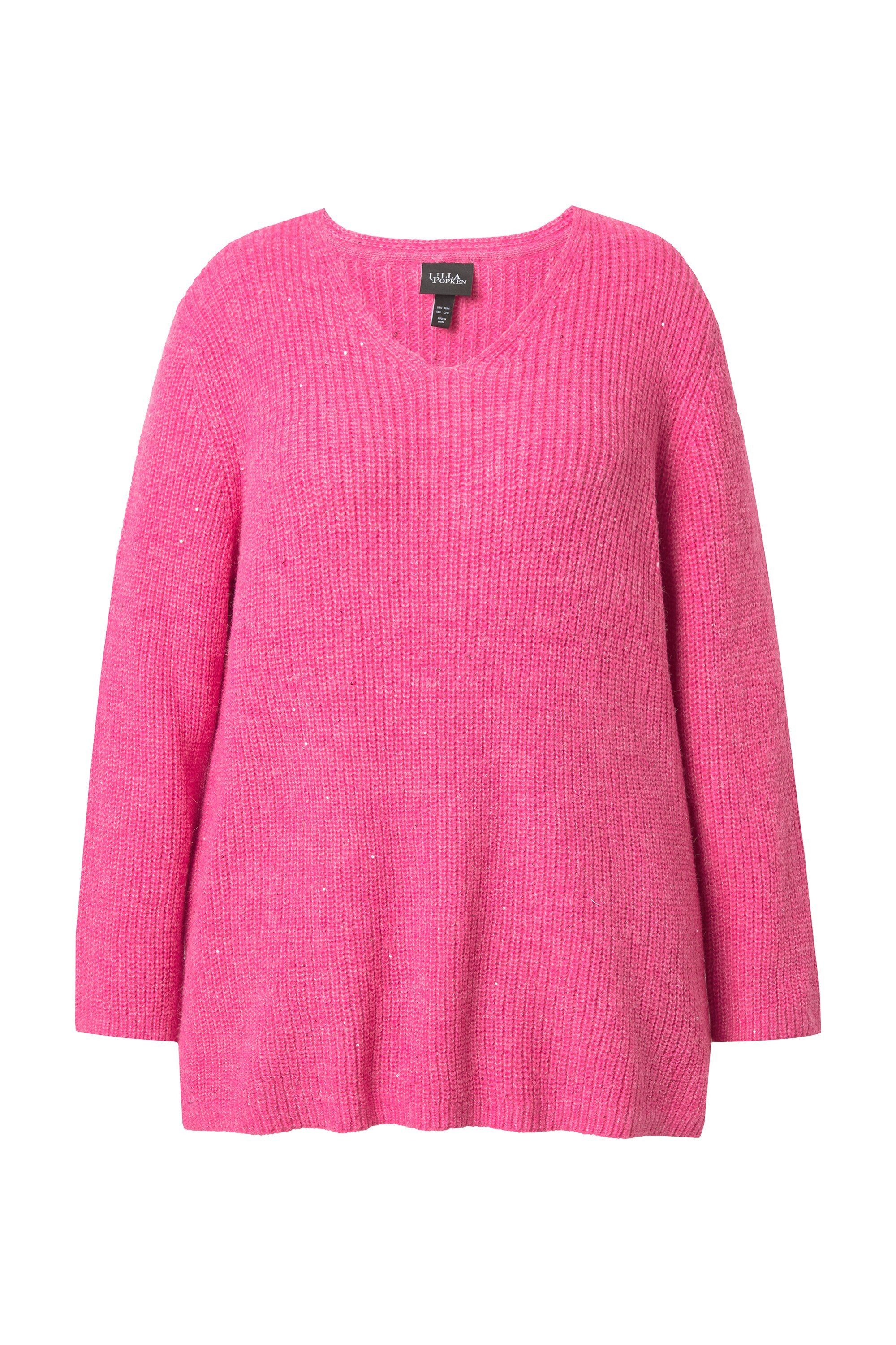 Ulla Popken Strickpullover Pullover Rippstrick Pailletten V-Ausschnitt günstig online kaufen