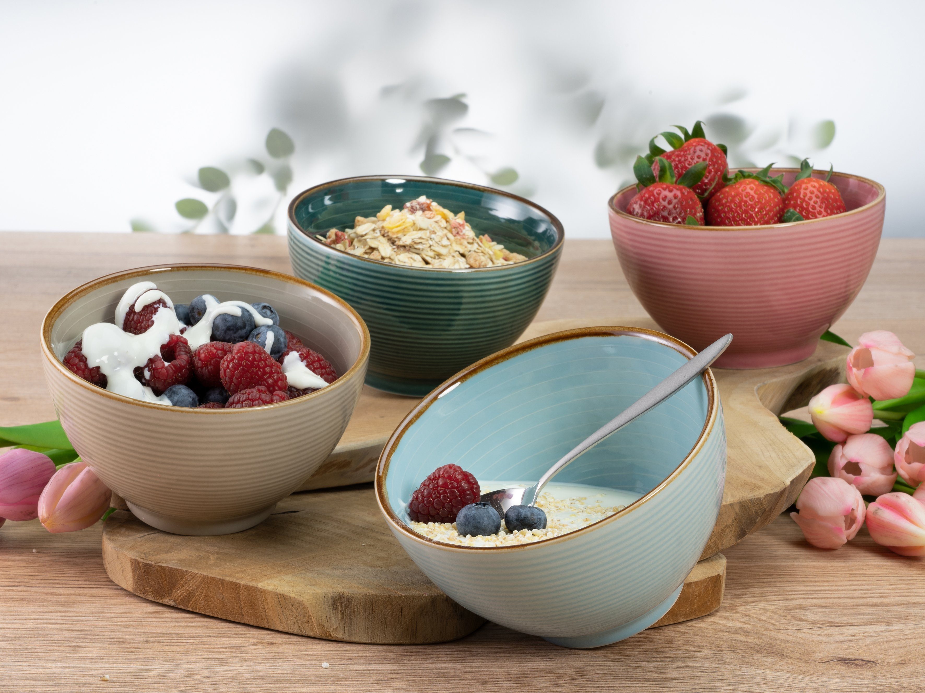 CreaTable Frühstücks-Geschirrset Service, Cosy Morning (Teller, Schale, Kaffeebecher) (12-tlg), 4 Personen, Steinzeug, Kreisstruktur, in Pastell-Farben, 12 Teile, für 4 Personen