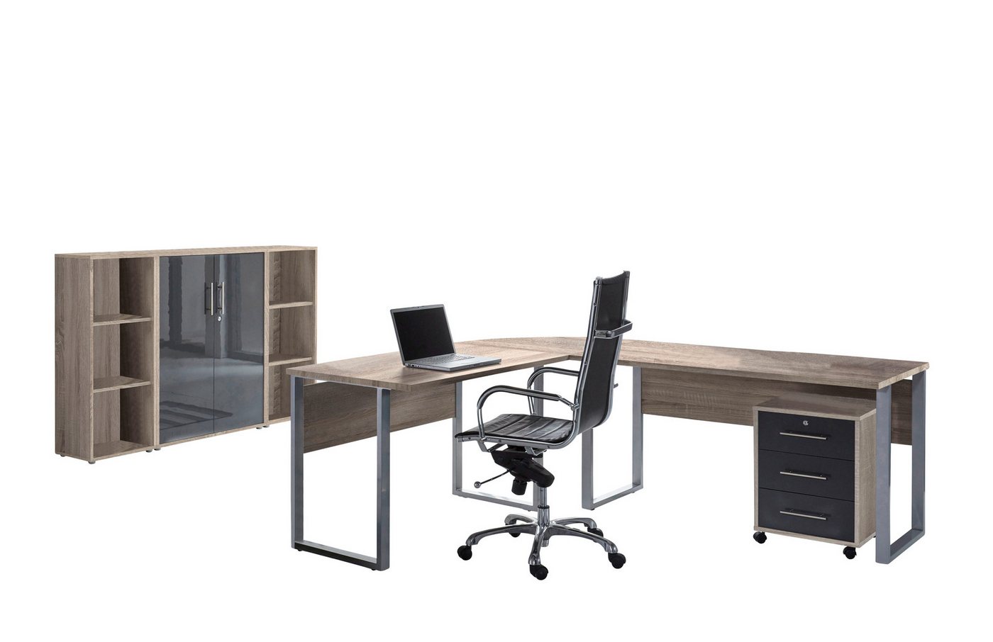 BMG Möbel Büromöbel-Set Office Edition Set 2, (Büro Set, 5 tlg., Fronten Matt oder Hochglanz lackiert), Aktenschrank und Rollcontainer abschließbar, Winkelschreibtisch
