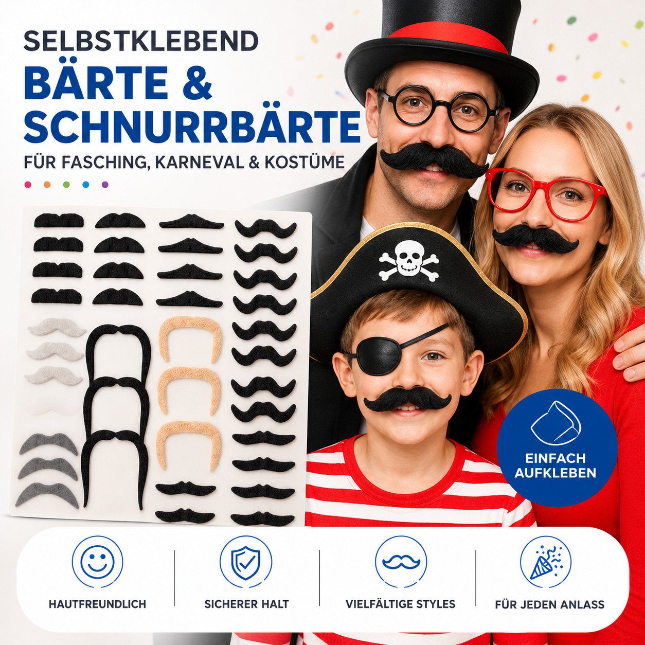 Kostümheld® Kostüm 36x Selbstklebend Bärte mit div. Schnurrbart zum Ankleben - Fake Bart