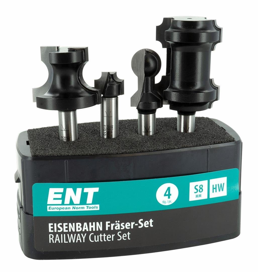 ENT European Norm Tools Fräsbohrer 09050 4-tlg. Eisenbahn-Fräser-Set, (Fräserset), zum Fräsen von Holzschienen - Schaft Ø 8 mm, Hartmetall