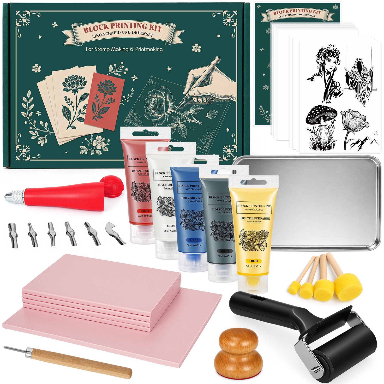OSTWOLKE Kreativset Lino-Schneid und Druckset, Blockdruck Set mit Tinte für Einsteiger, (50-tlg), Komplettes Stempelmacher‑Set DIY